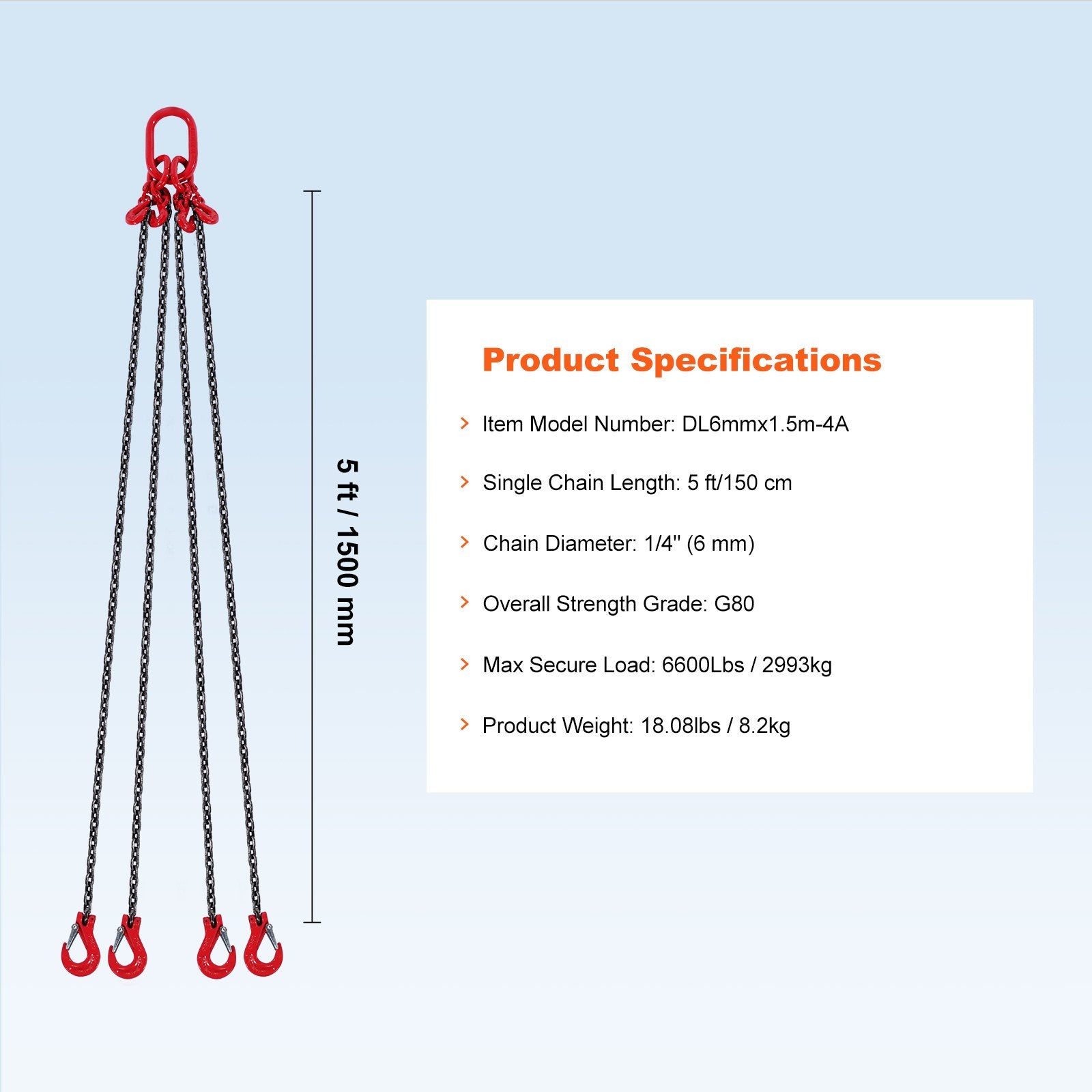 Chain Sling 6mm x 150cm G80 Engine Hoist 3 Ton Lifting Chain with 4 Hooks