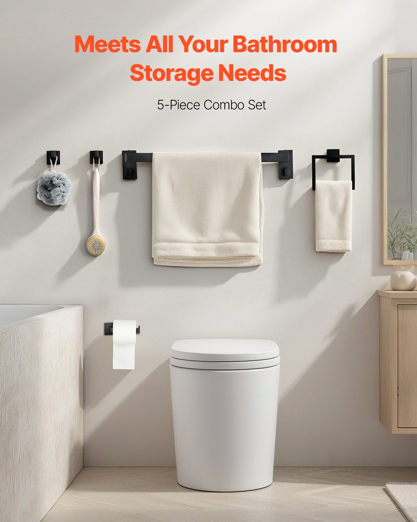 Matte Black Bathroom Hardware Set 5-Piece Stainless Steel Wall-Mounted