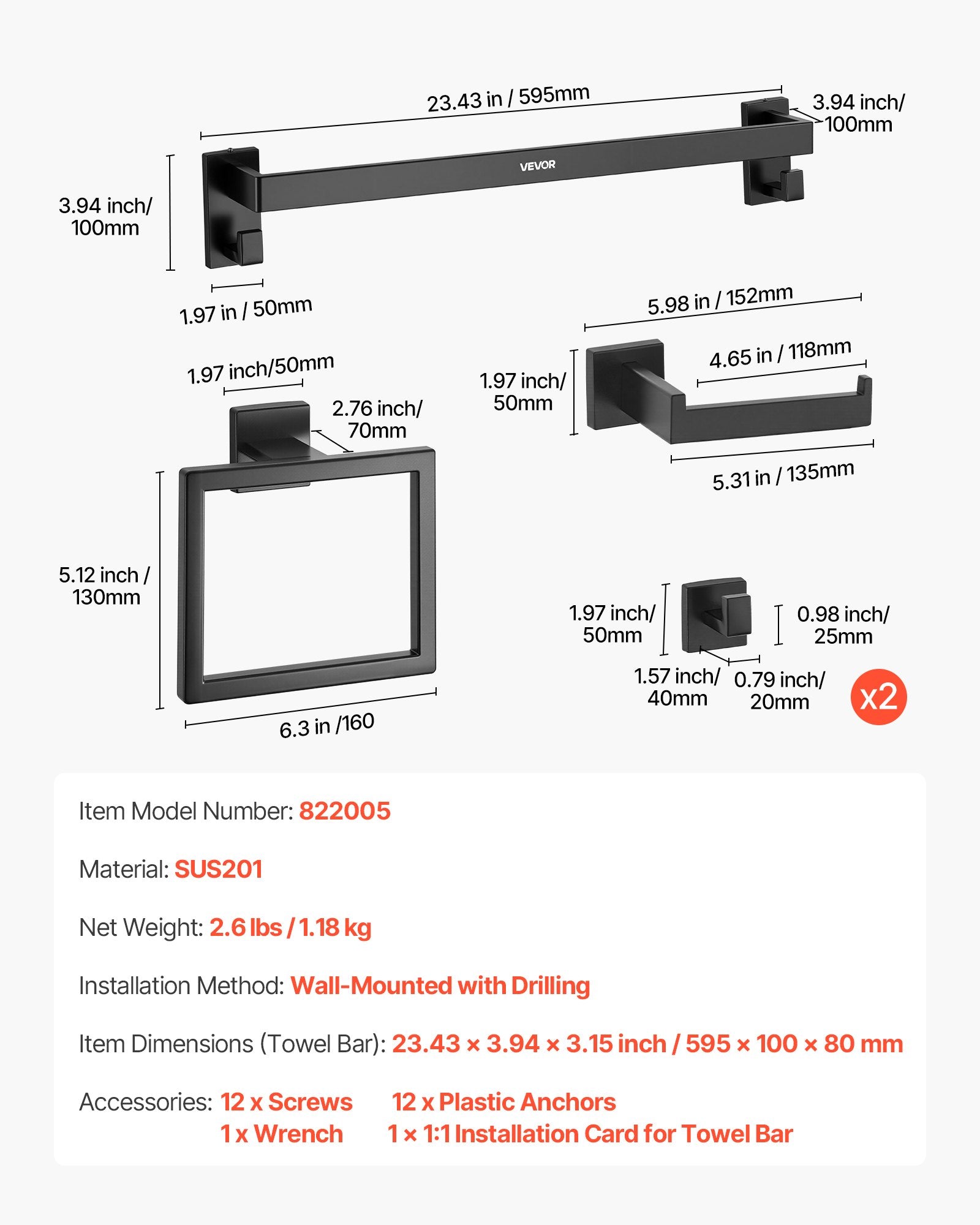 Matte Black Bathroom Hardware Set 5-Piece Stainless Steel Wall-Mounted