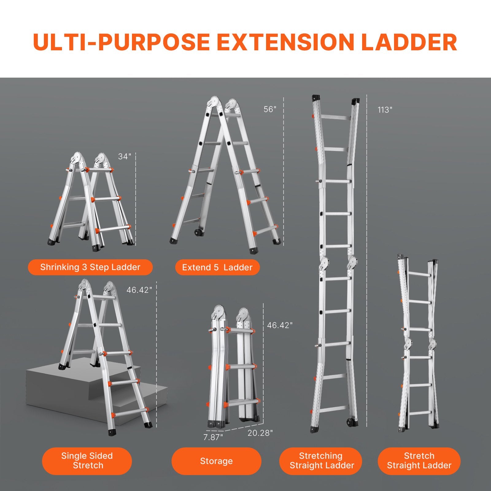 Telescoping Ladder A-Frame 9.5FT Compact Aluminum Multi-Function Portable 330LB