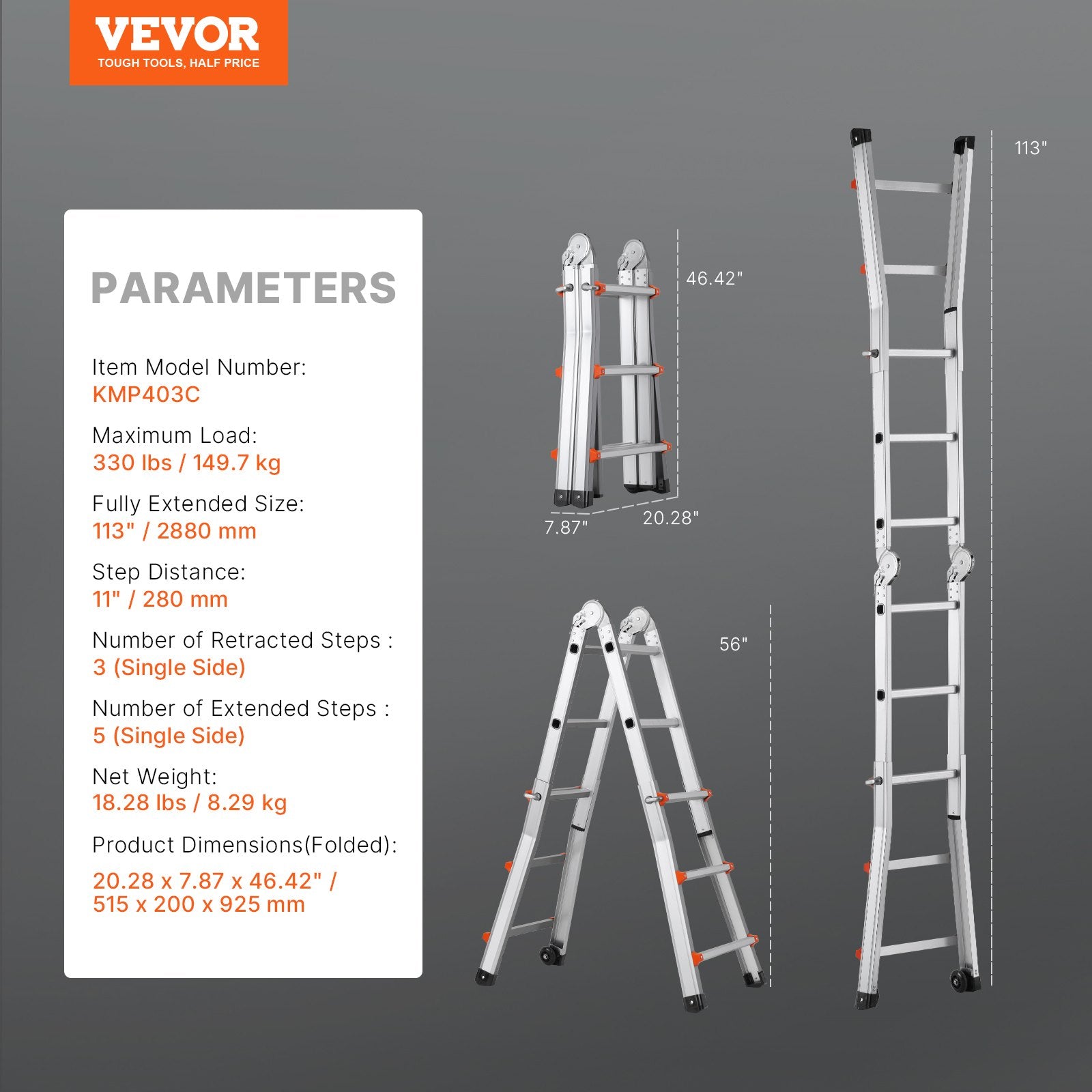 Telescoping Ladder A-Frame 9.5FT Compact Aluminum Multi-Function Portable 330LB
