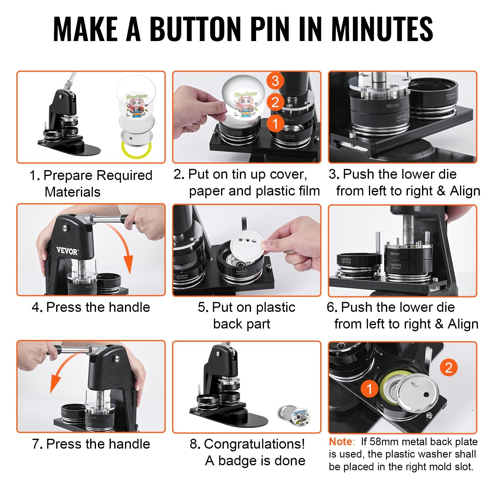 Button Maker Machine Multiple Sizes 1.25 & 2.25" Badge Punch Press Kit 500 Parts