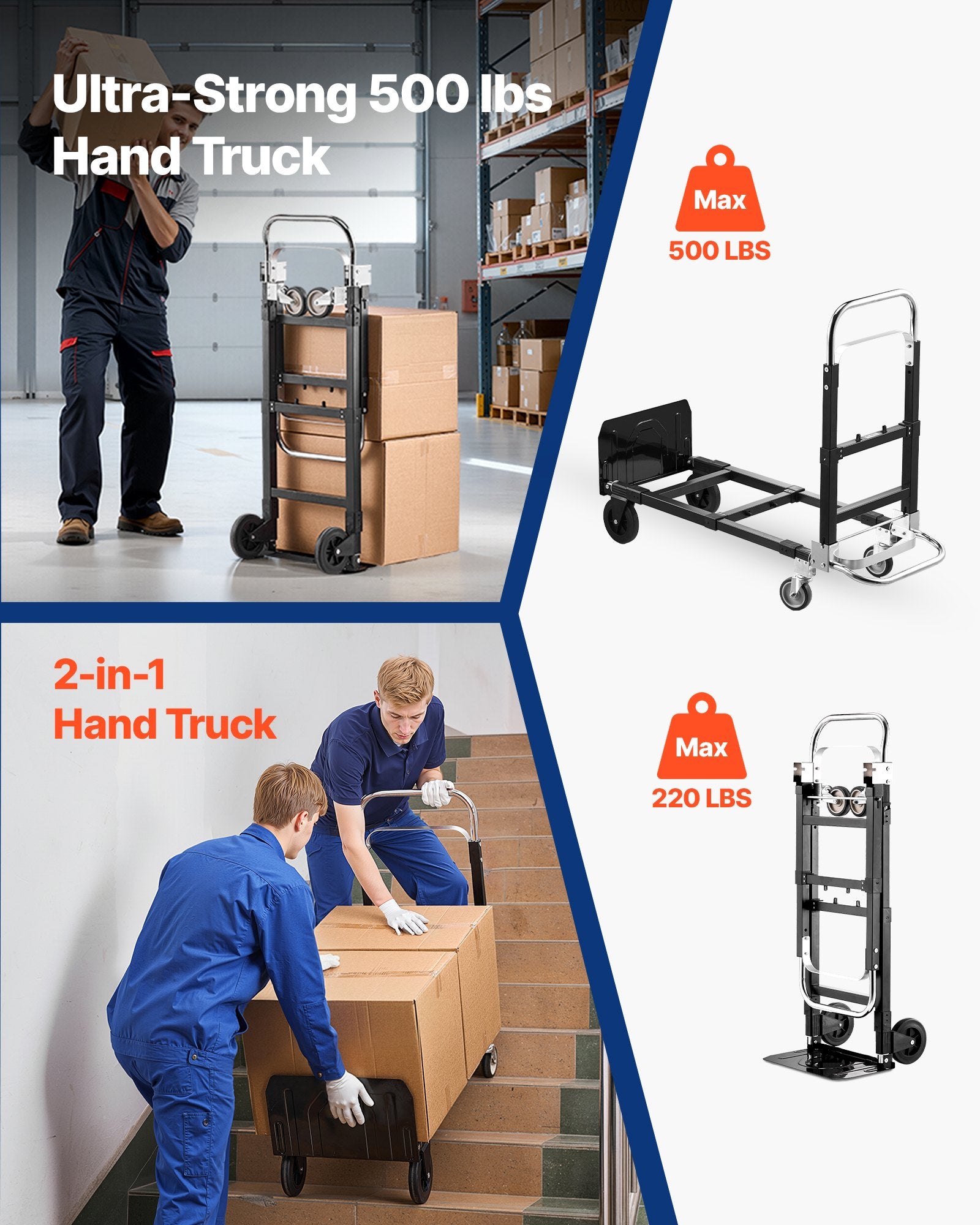2-in-1 Folding Hand Truck 226.9kg Convertible 4-Wheel Dolly Adjustable Handle
