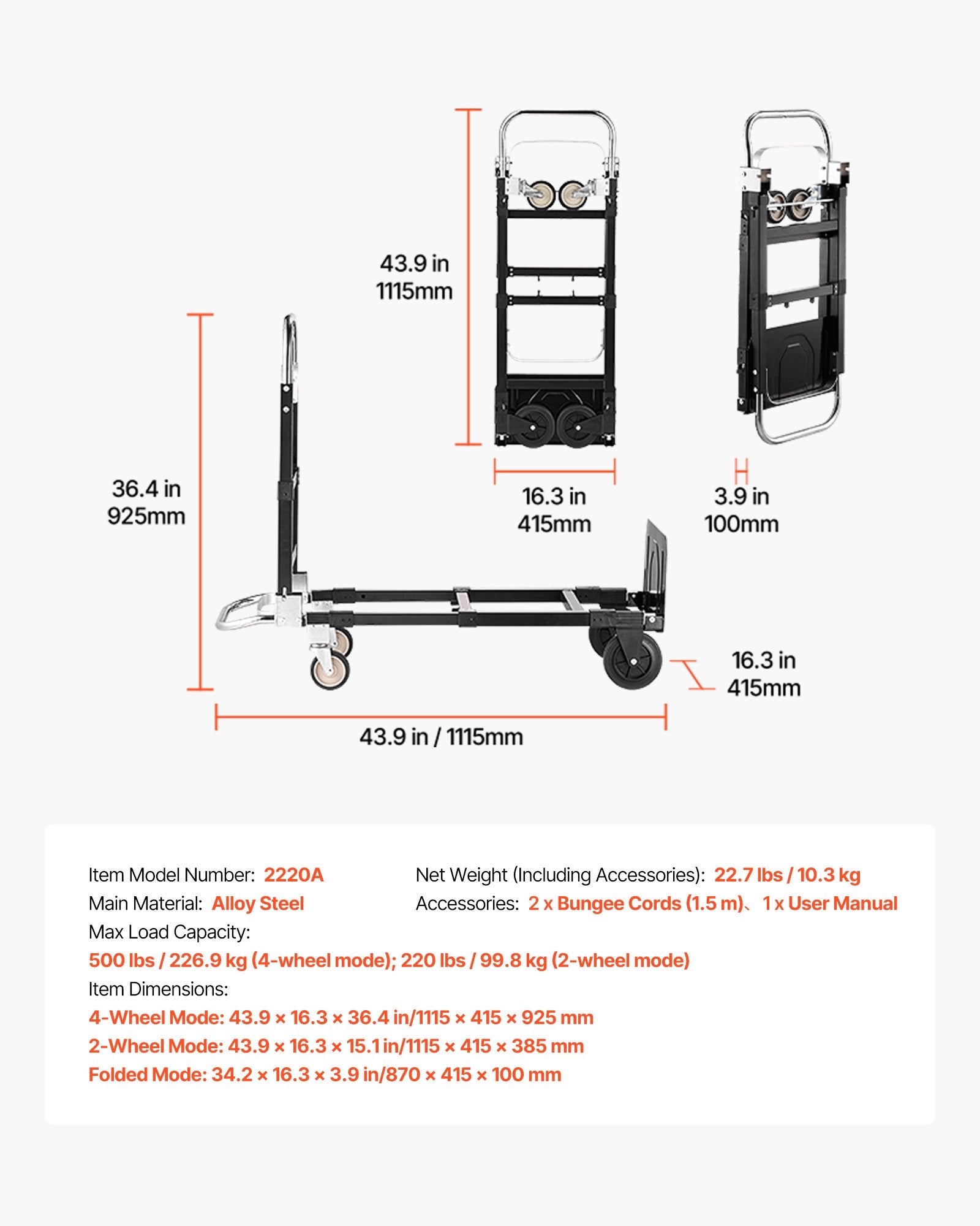 2-in-1 Folding Hand Truck 226.9kg Convertible 4-Wheel Dolly Adjustable Handle