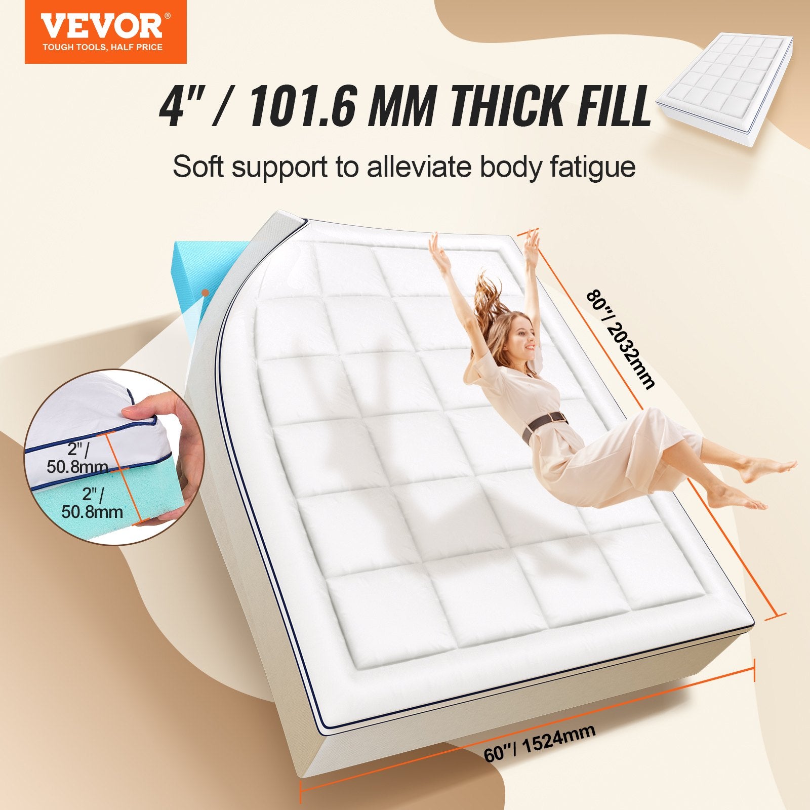 Mattress Topper Queen Size 101.6mm Memory Foam Fiber Fill Detachable Washable