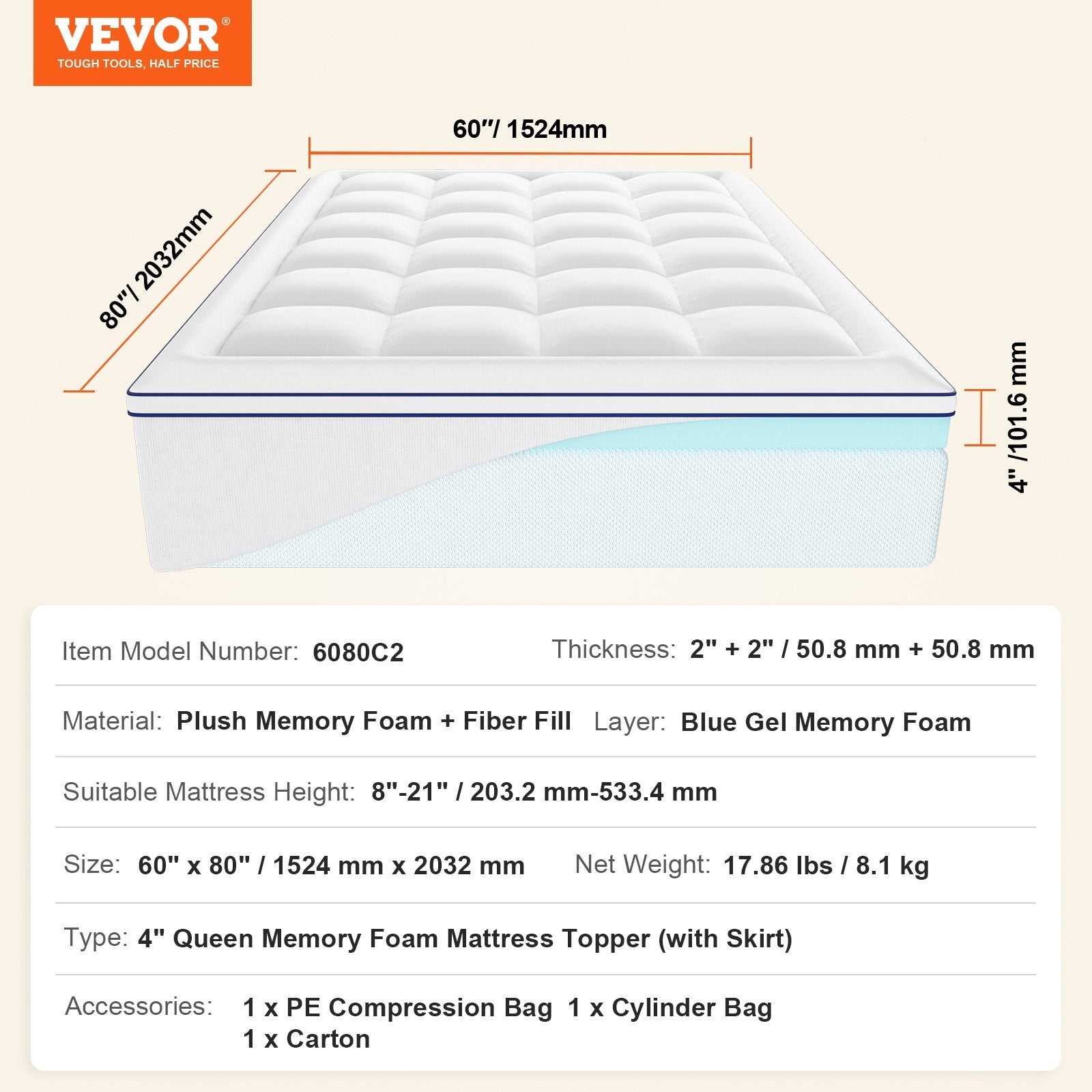 Mattress Topper Queen Size 101.6mm Memory Foam Fiber Fill Detachable Washable