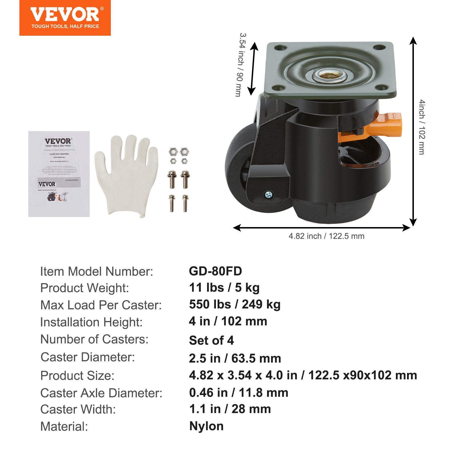 Heavy Duty 4 Pack Adjustable Leveling Casters with Swivel Wheels