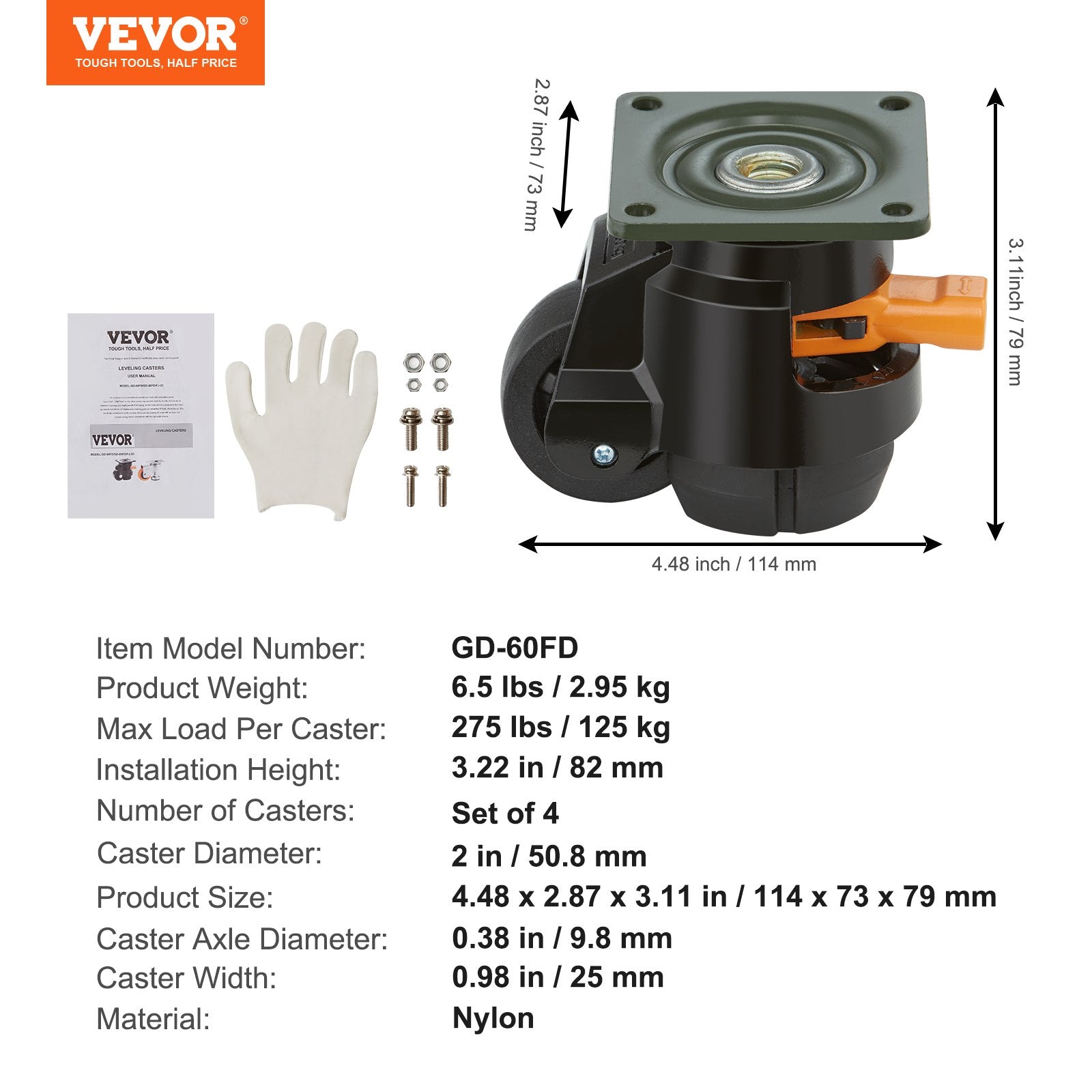 Heavy Duty 4 Pack Adjustable Leveling Casters with Swivel Wheels