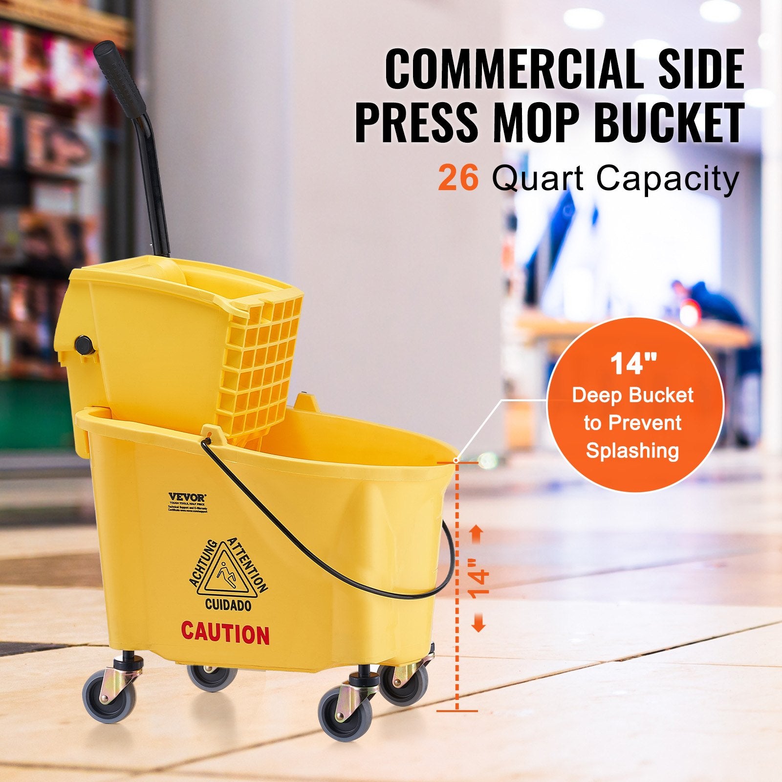 Mop Bucket with Wringer 26Qt Commercial Side-Press Combo on Wheels Yellow