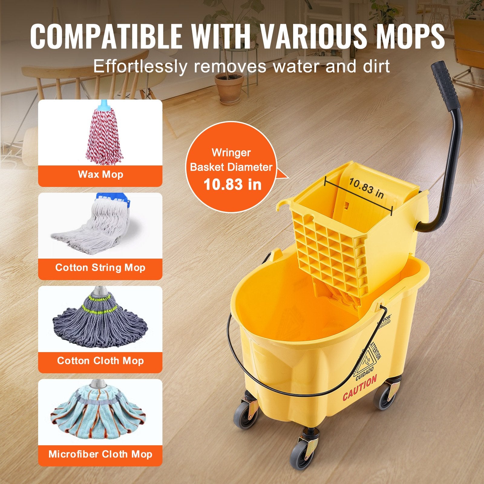 Mop Bucket with Wringer 26Qt Commercial Side-Press Combo on Wheels Yellow