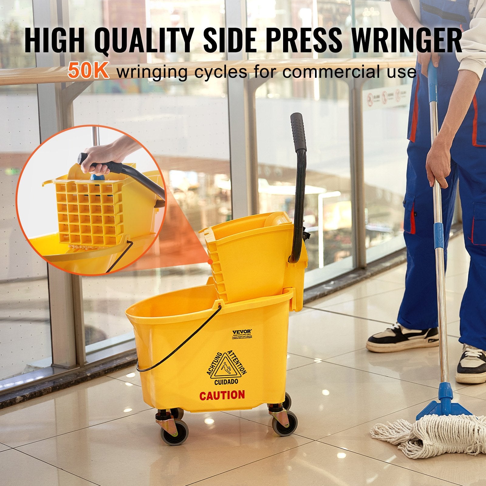 Mop Bucket with Wringer 26Qt Commercial Side-Press Combo on Wheels Yellow