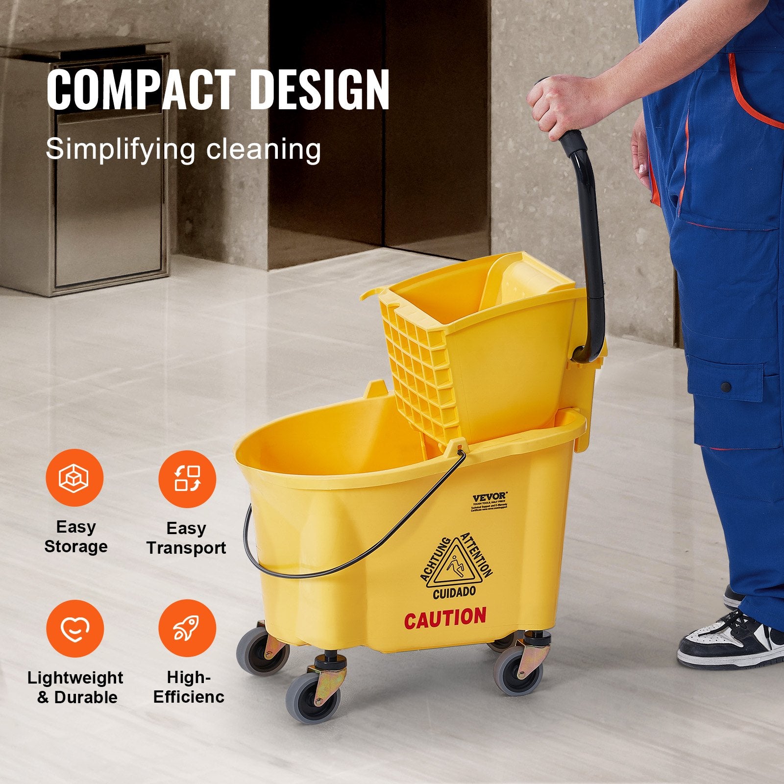 Mop Bucket with Wringer 26Qt Commercial Side-Press Combo on Wheels Yellow