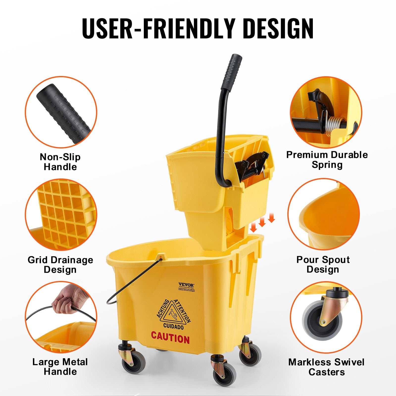 Mop Bucket with Wringer 26Qt Commercial Side-Press Combo on Wheels Yellow