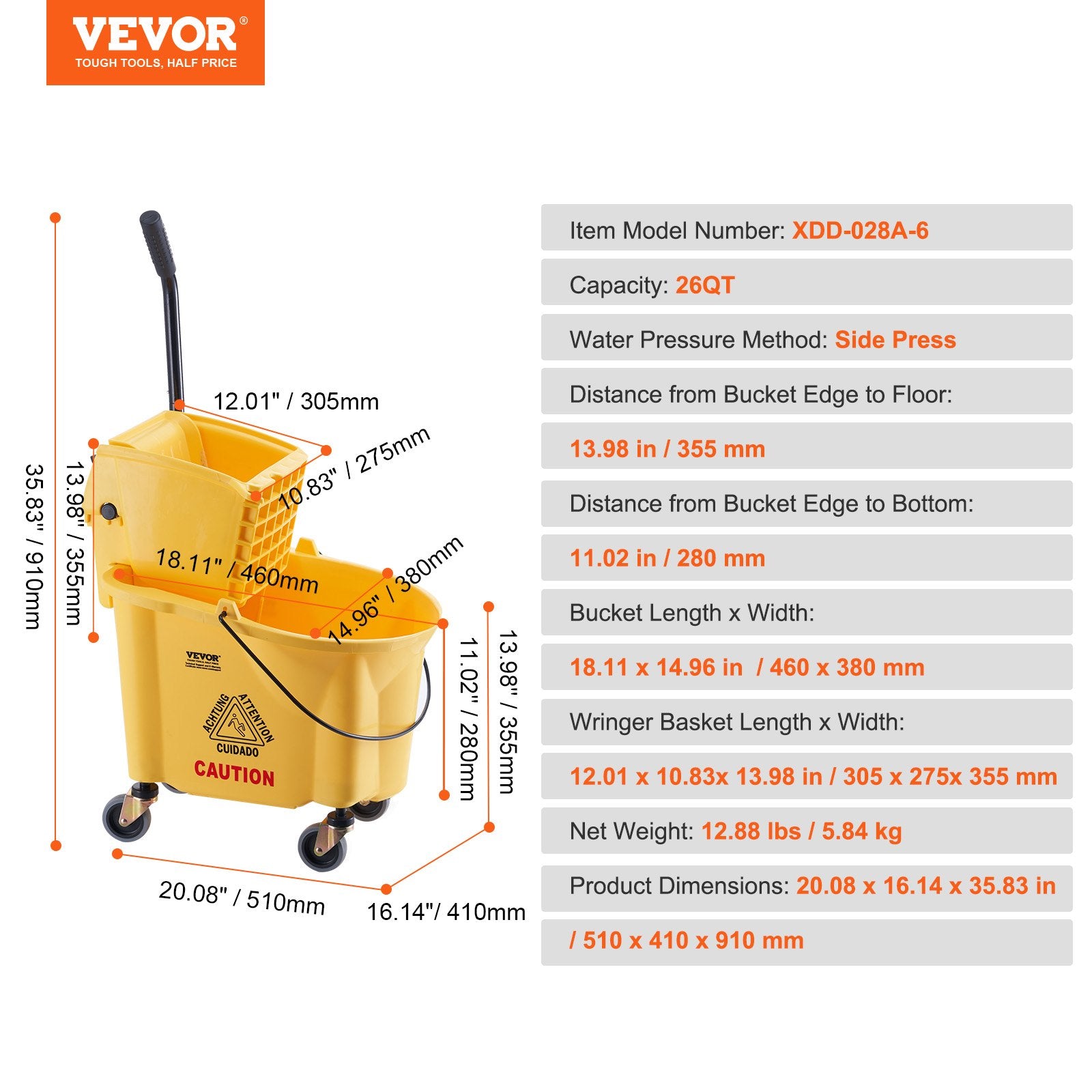 Mop Bucket with Wringer 26Qt Commercial Side-Press Combo on Wheels Yellow