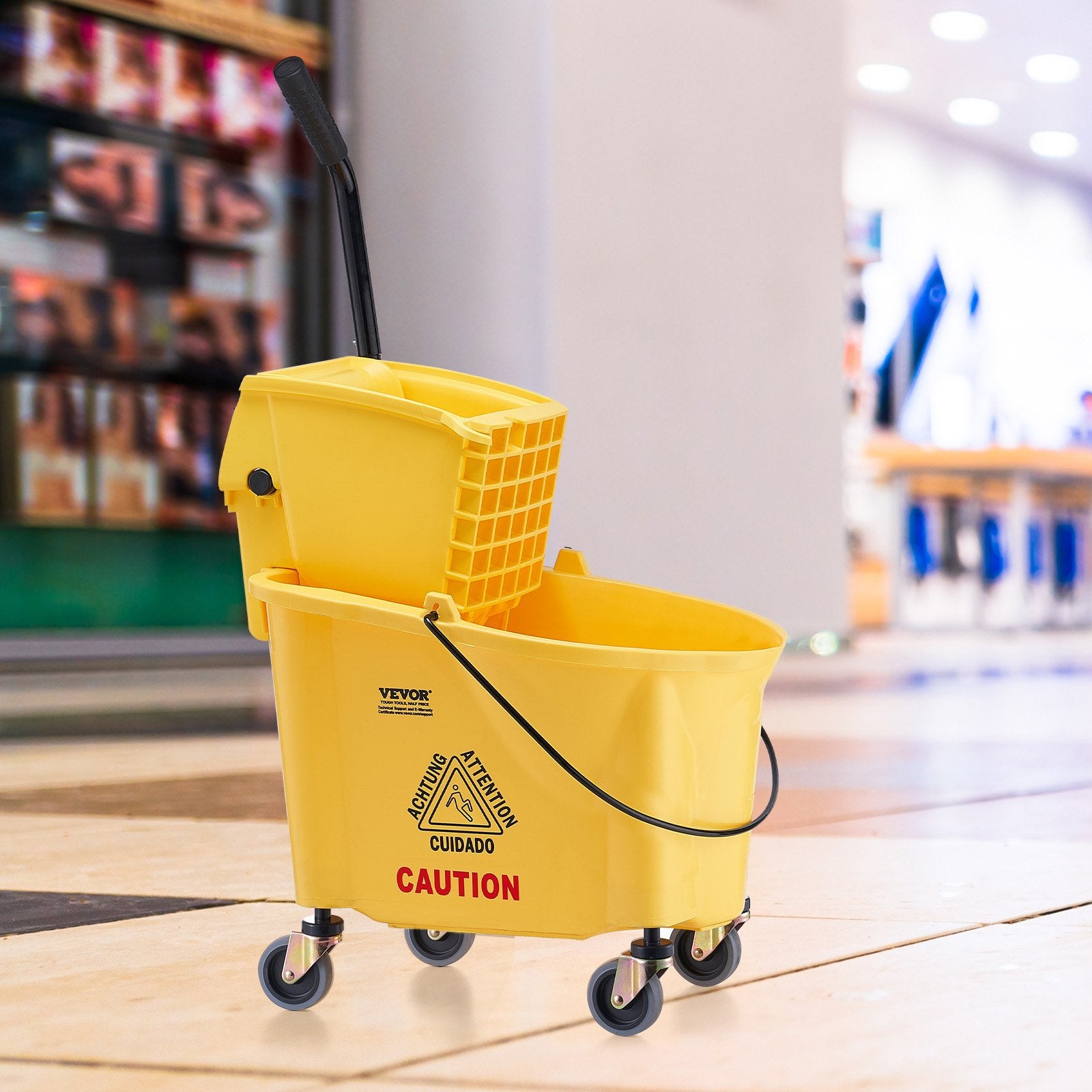 Mop Bucket with Wringer 26Qt Commercial Side-Press Combo on Wheels Yellow
