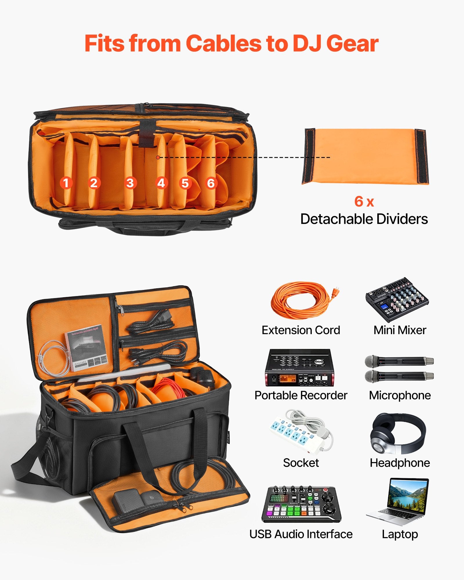 Rolling DJ Cable Bag 1680D Padded with Wheels 6 Detachable Dividers for DJ Gear