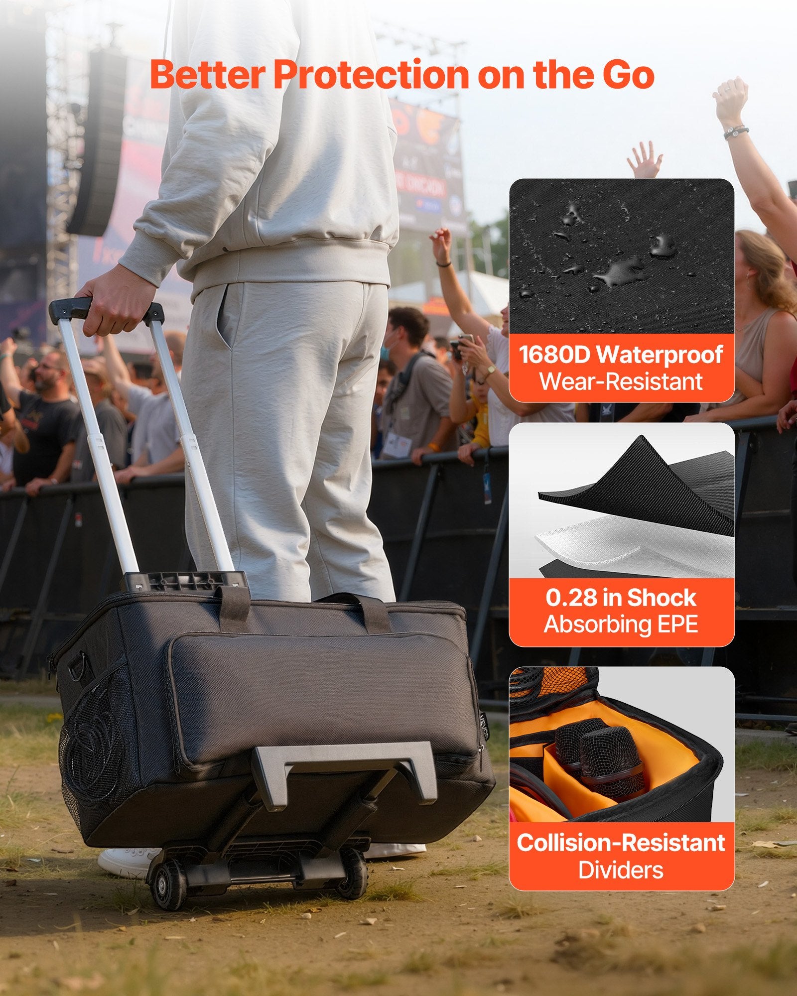 Rolling DJ Cable Bag 1680D Padded with Wheels 6 Detachable Dividers for DJ Gear