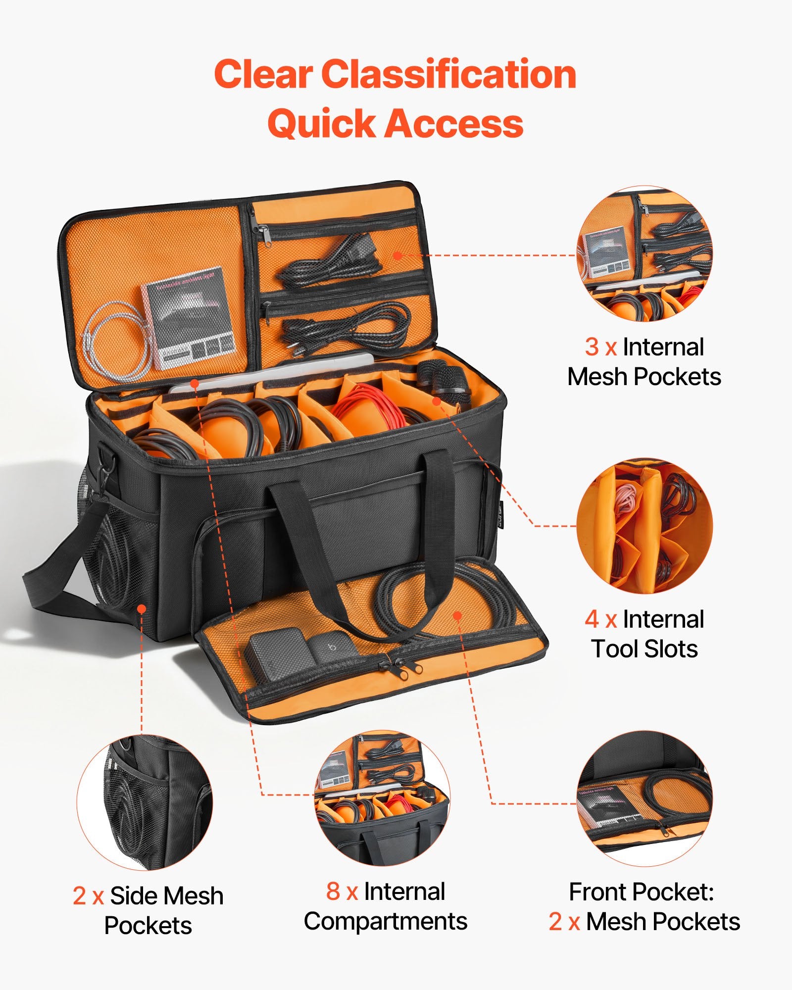 Rolling DJ Cable Bag 1680D Padded with Wheels 6 Detachable Dividers for DJ Gear