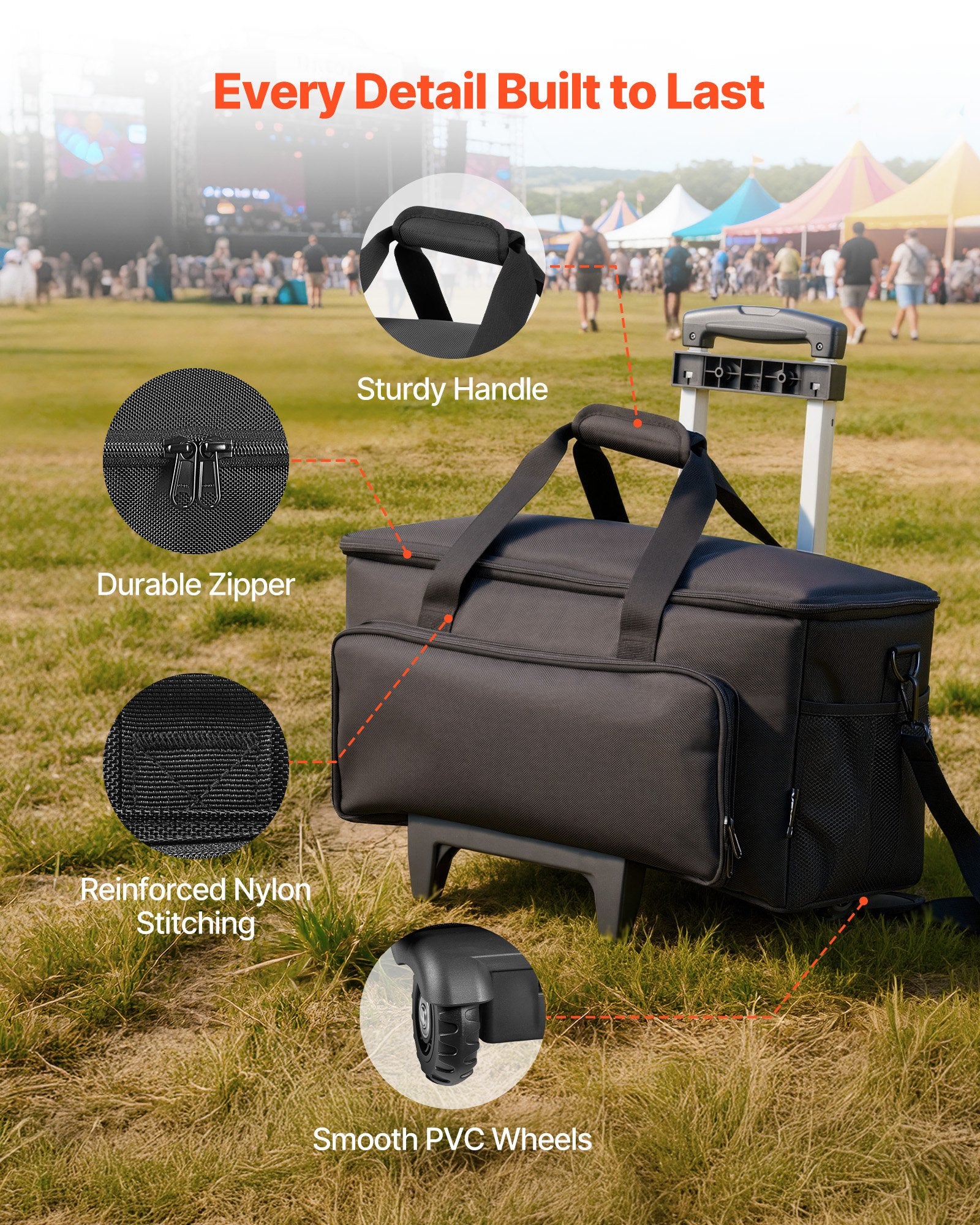 Rolling DJ Cable Bag 1680D Padded with Wheels 6 Detachable Dividers for DJ Gear