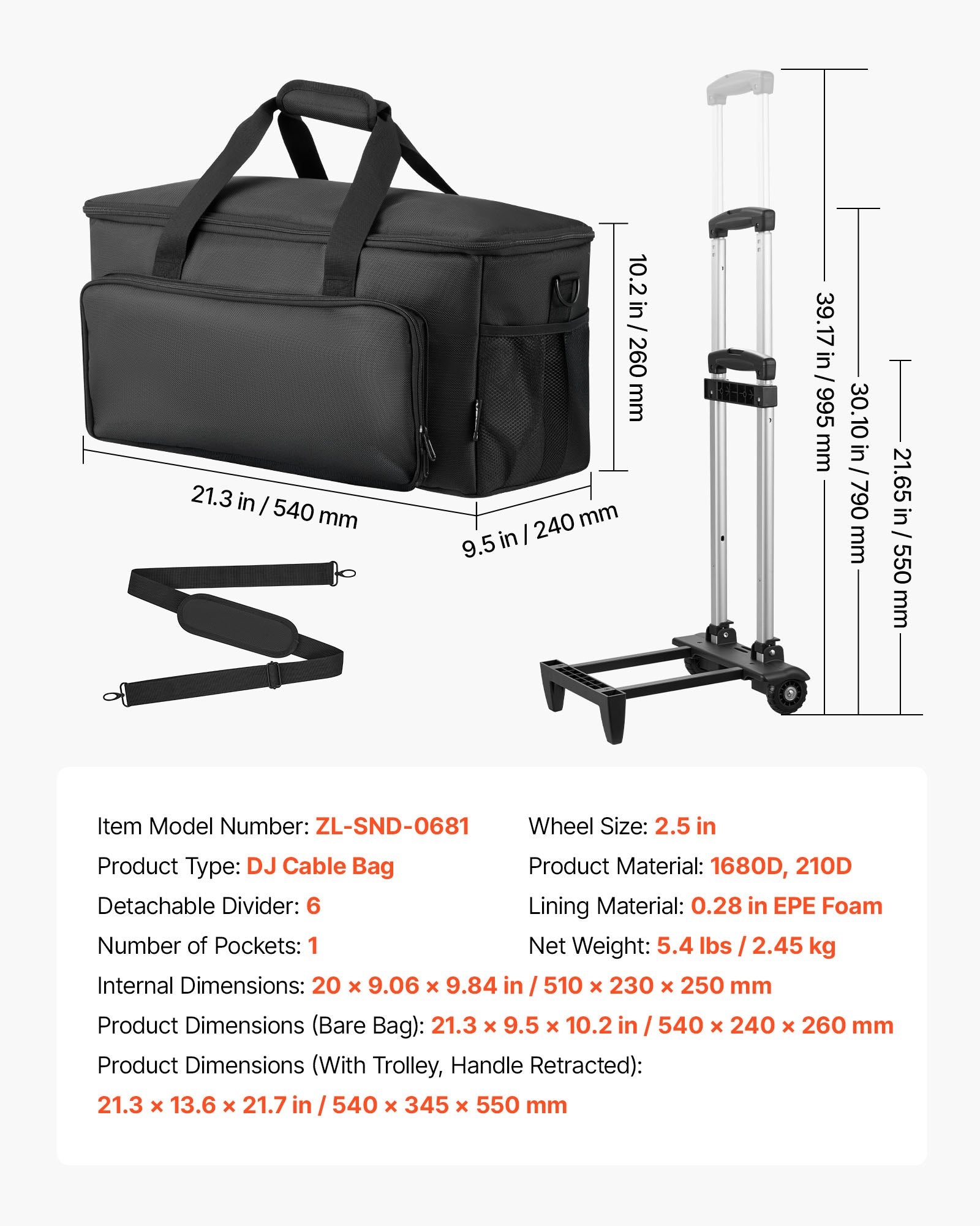 Rolling DJ Cable Bag 1680D Padded with Wheels 6 Detachable Dividers for DJ Gear