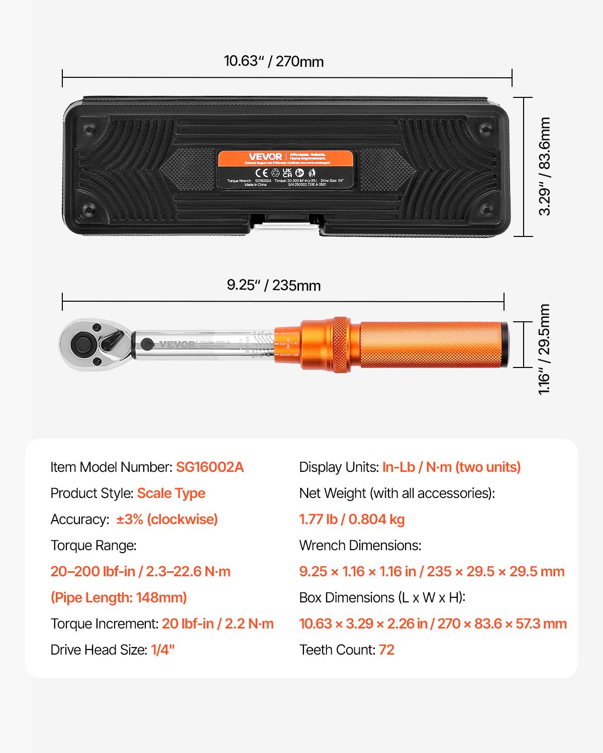 Torque Wrench Set Click 1/4 Inch 20-200lbf-in 3% Dual-Scale Bits Extension