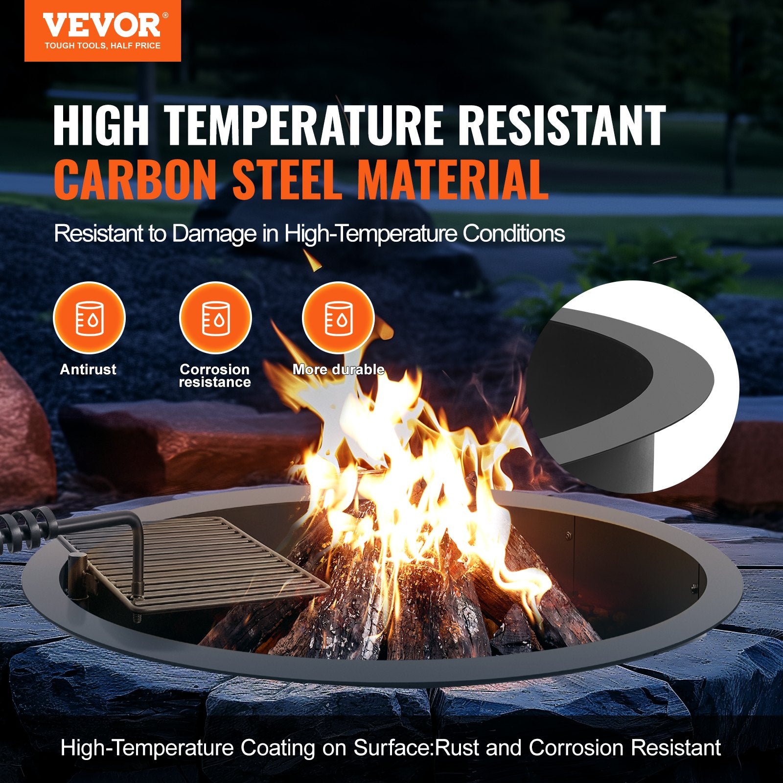 Fire Pit Ring 40-In Outer/36-In Inner Carbon Steel Insert 8.5in Height Outdoor