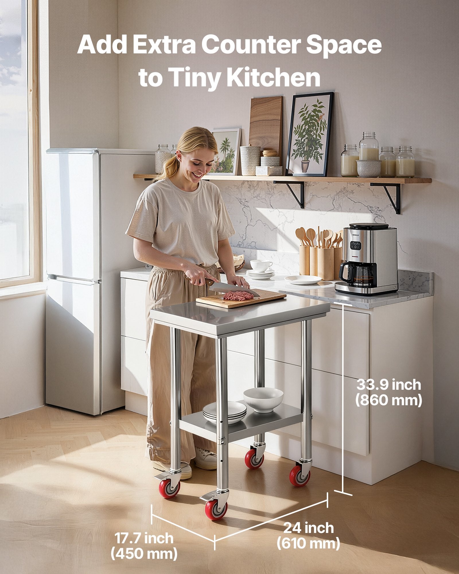 Stainless Steel Table 61x45cm Food Prep Worktable Adjustable Undershelf Wheels