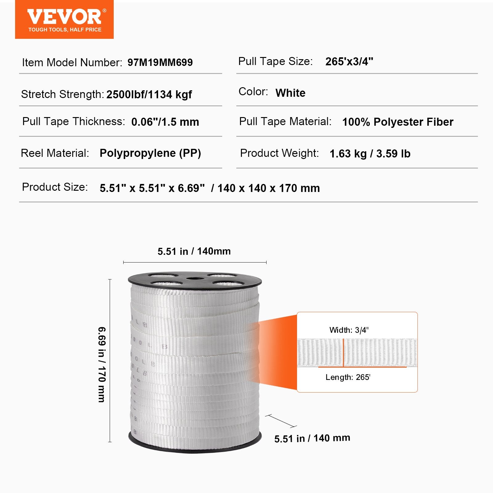 Polyester Pull Tape 1.9cm x 80.8m Mule Tape 1134kgf Tensile White