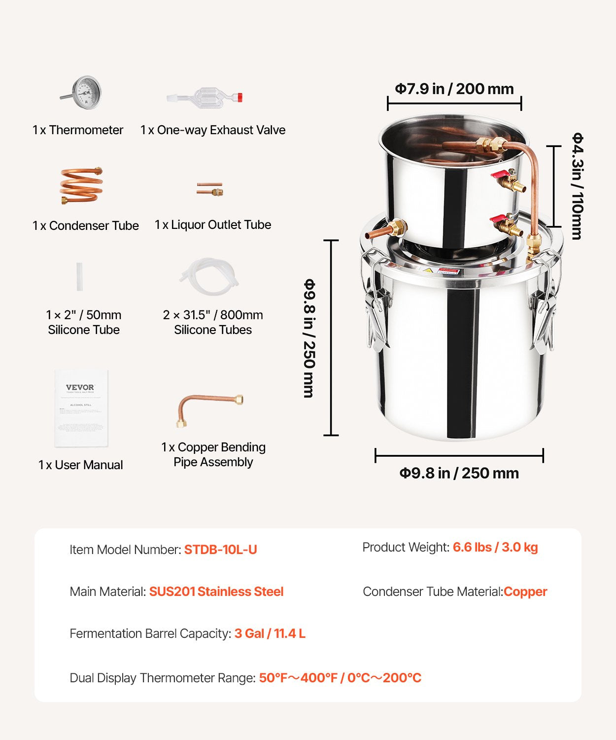 3 Gal / 11.4 L Stainless Steel Alcohol Still with Copper Coil and Thermometer