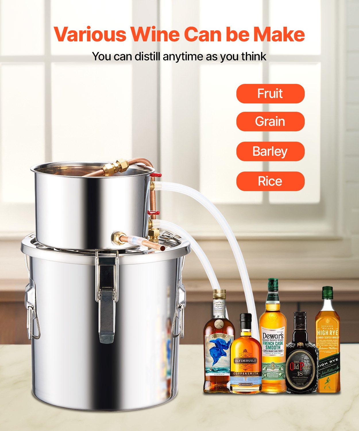3 Gal Alcohol Still Stainless Steel Distiller with Copper Coil Thermometer Pump