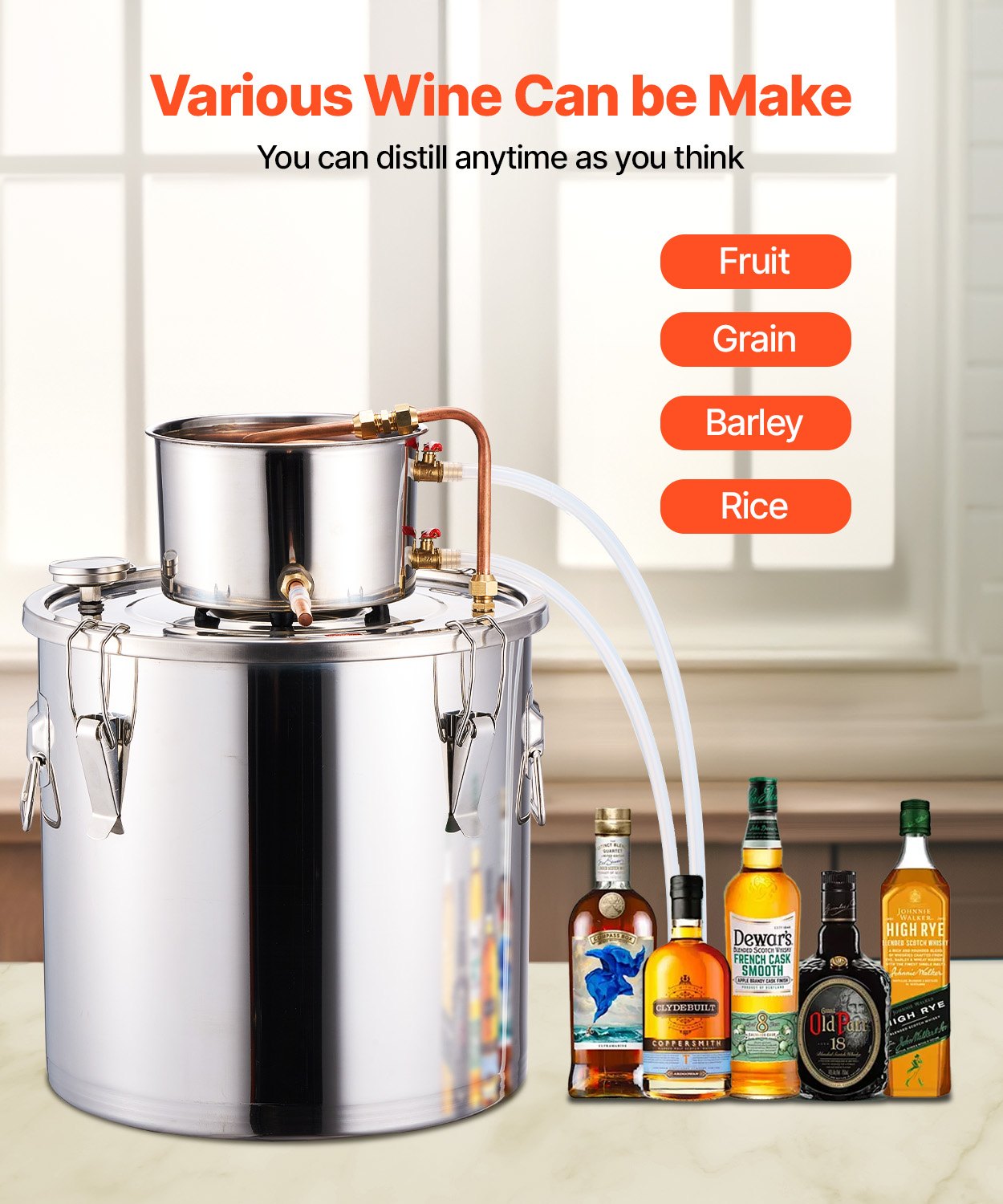 8 Gal / 30 L Stainless Steel Alcohol Still with Copper Coil and Thermometer