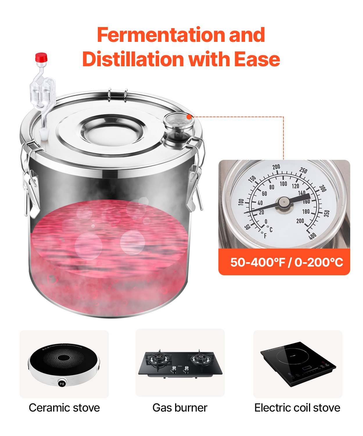 8 Gal / 30 L Stainless Steel Alcohol Still with Copper Coil, Thermometer & Pump