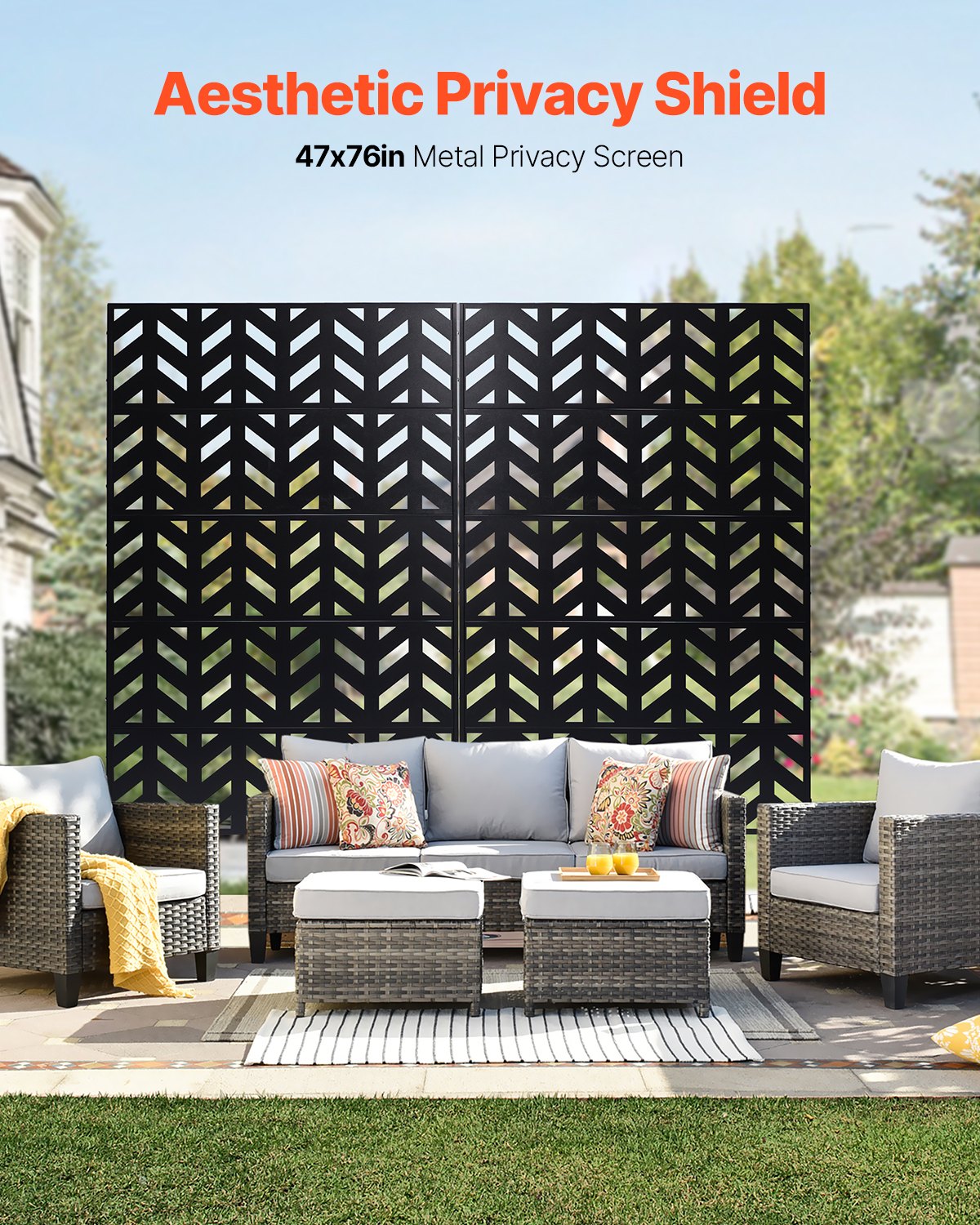Metal Privacy Screen 47"x72" 5-Panel Freestanding Outdoor Divider Steel Black