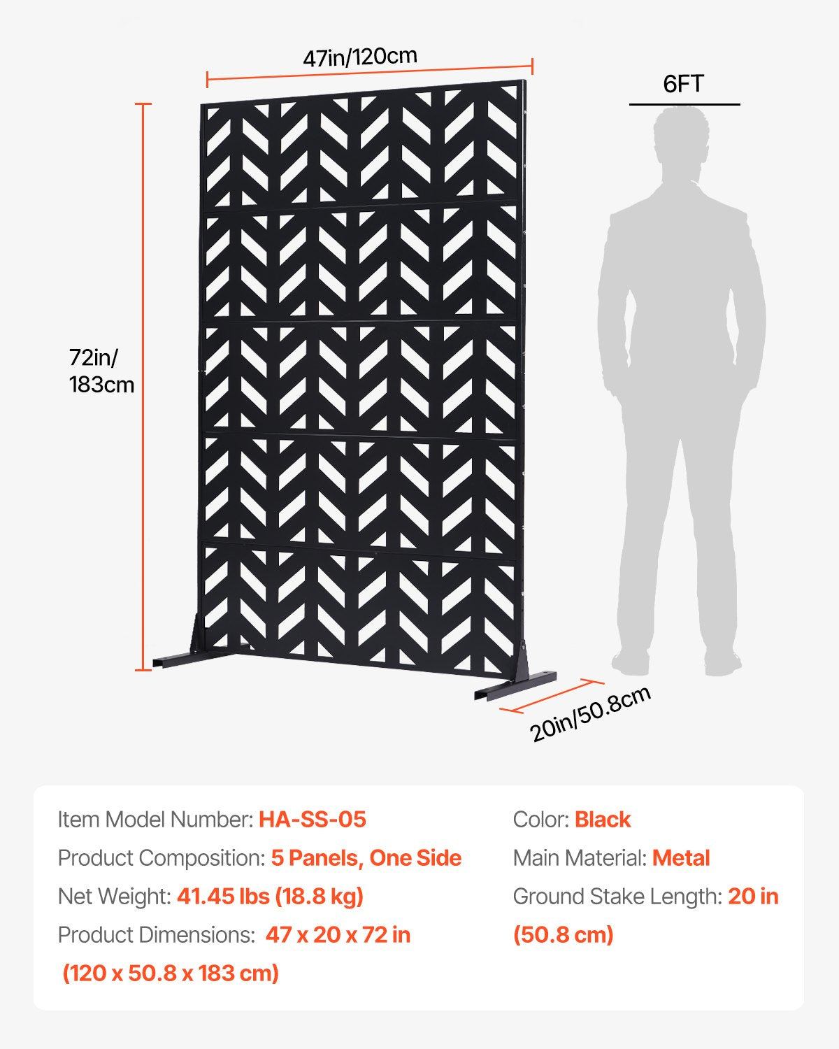 Metal Privacy Screen 47"x72" 5-Panel Freestanding Outdoor Divider Steel Black