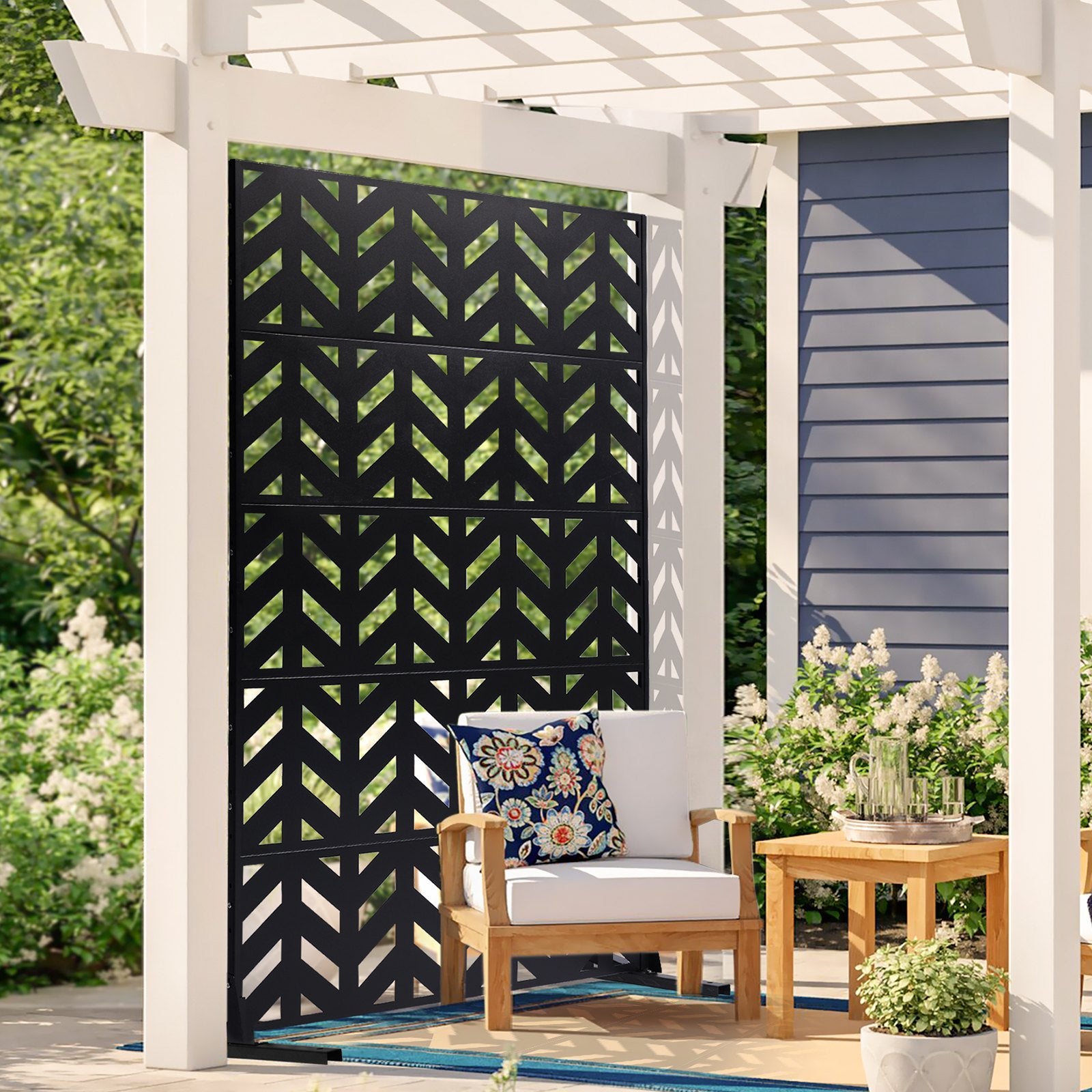 Metal Privacy Screen 47"x72" 5-Panel Freestanding Outdoor Divider Steel Black