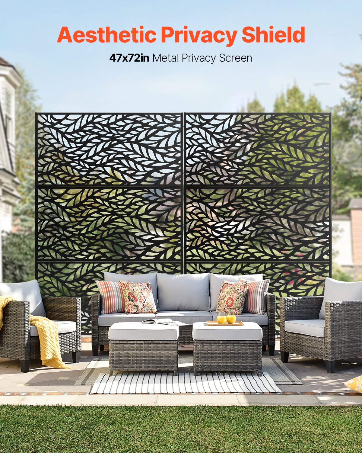 Metal Privacy Screen 120x183cm Freestanding 3-Panel Outdoor Divider Black