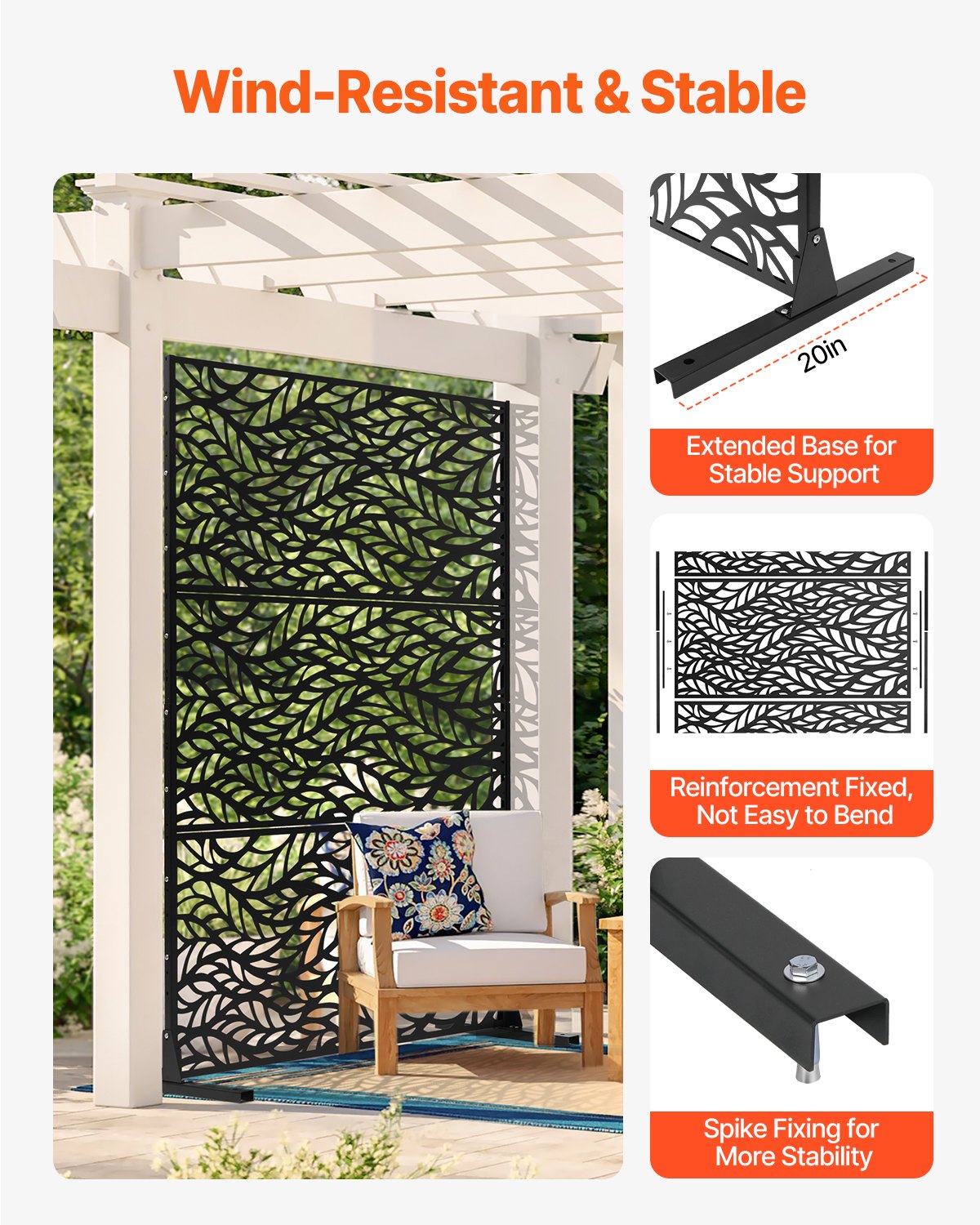Metal Privacy Screen 120x183cm Freestanding 3-Panel Outdoor Divider Black