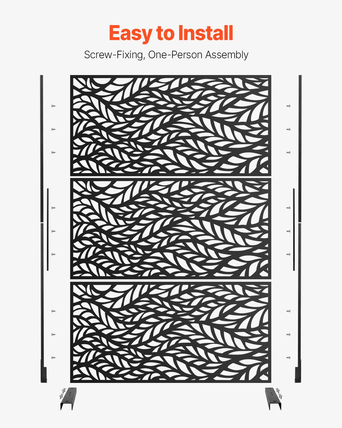 Metal Privacy Screen 120x183cm Freestanding 3-Panel Outdoor Divider Black