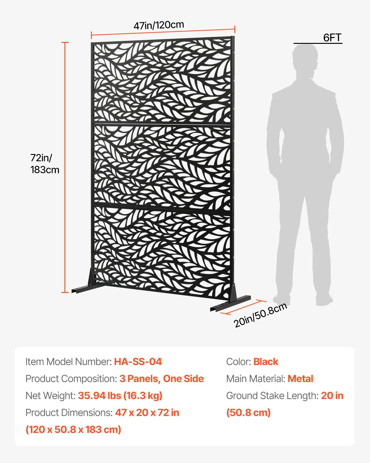 Metal Privacy Screen 120x183cm Freestanding 3-Panel Outdoor Divider Black