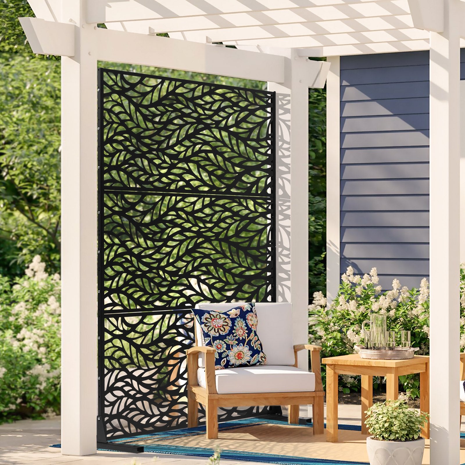 Metal Privacy Screen 120x183cm Freestanding 3-Panel Outdoor Divider Black