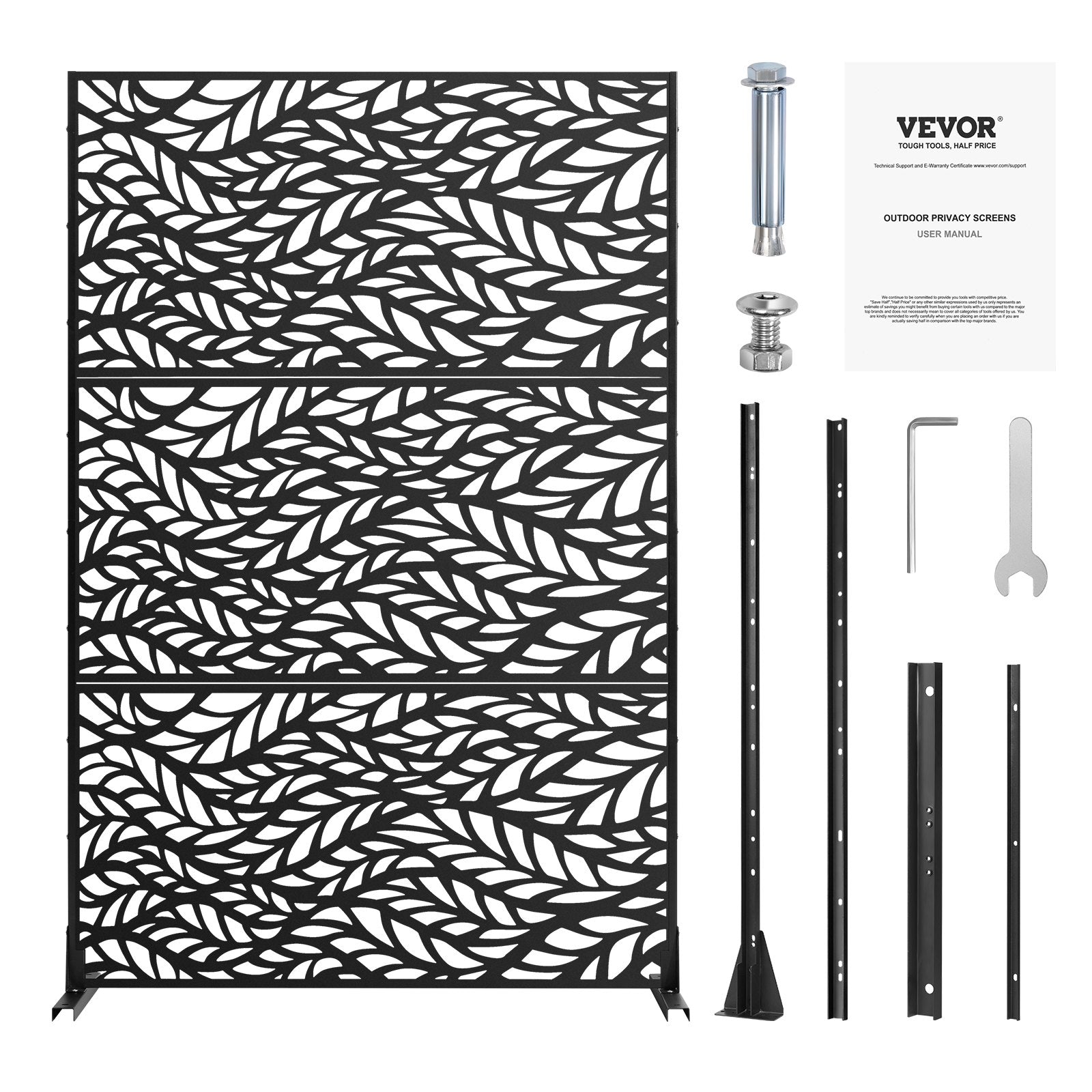 Metal Privacy Screen 120x183cm Freestanding 3-Panel Outdoor Divider Black