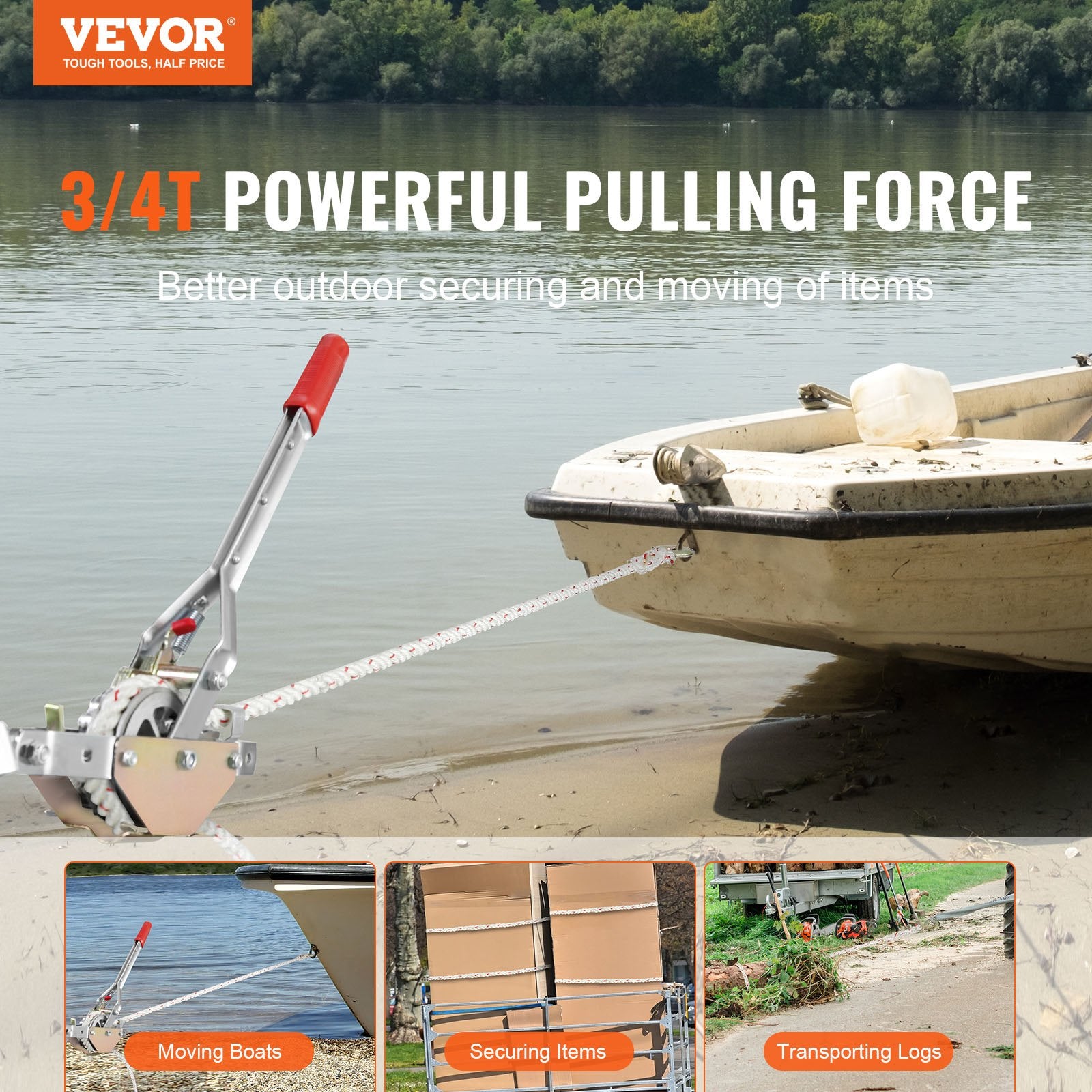 Rope Puller 3/4 Ton with 30.48m 15mm Rope 2-Hook Come Along Winch