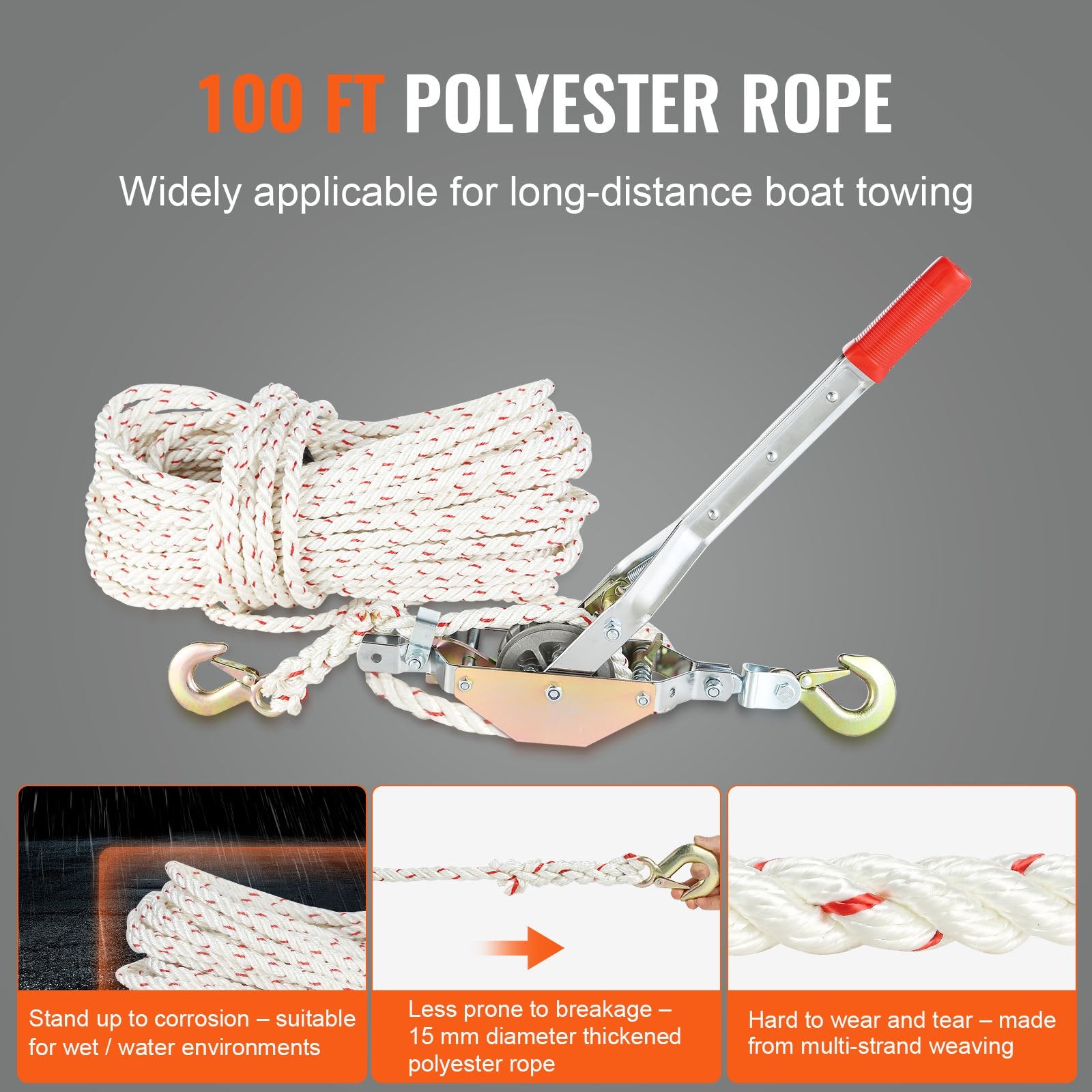 Rope Puller 3/4 Ton with 30.48m 15mm Rope 2-Hook Come Along Winch