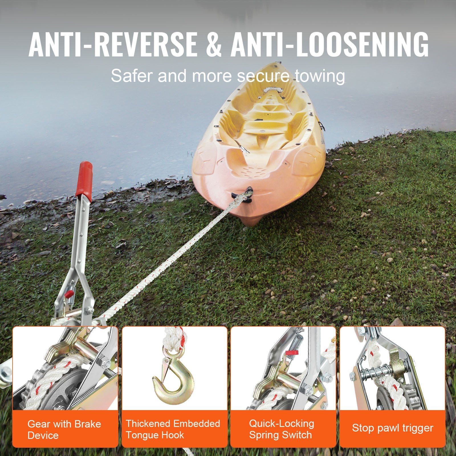 Rope Puller 3/4 Ton with 30.48m 15mm Rope 2-Hook Come Along Winch