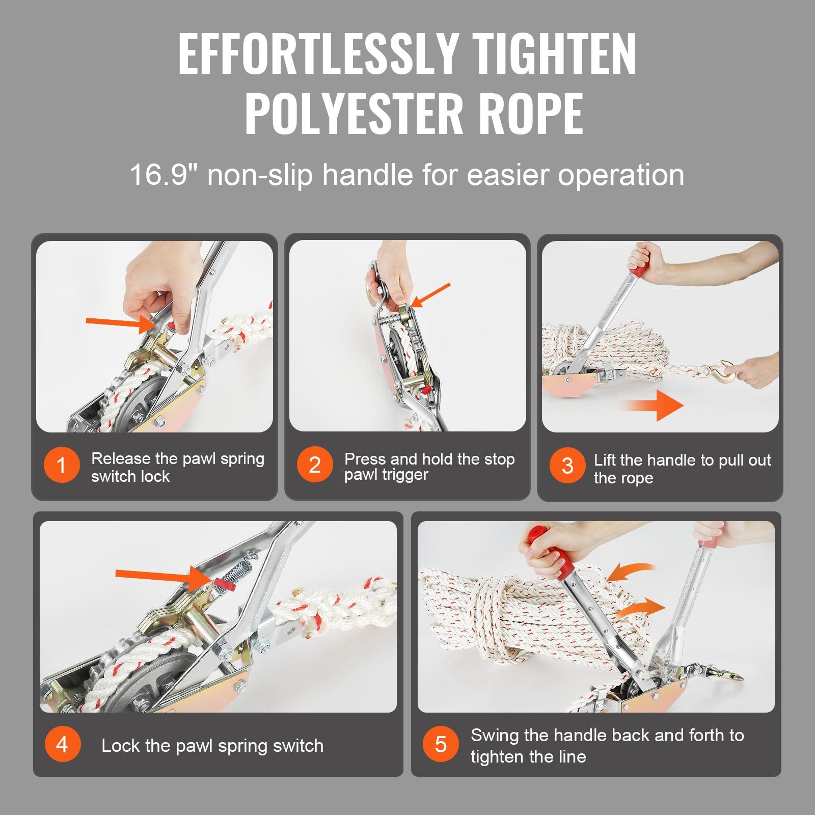 Rope Puller 3/4 Ton with 30.48m 15mm Rope 2-Hook Come Along Winch