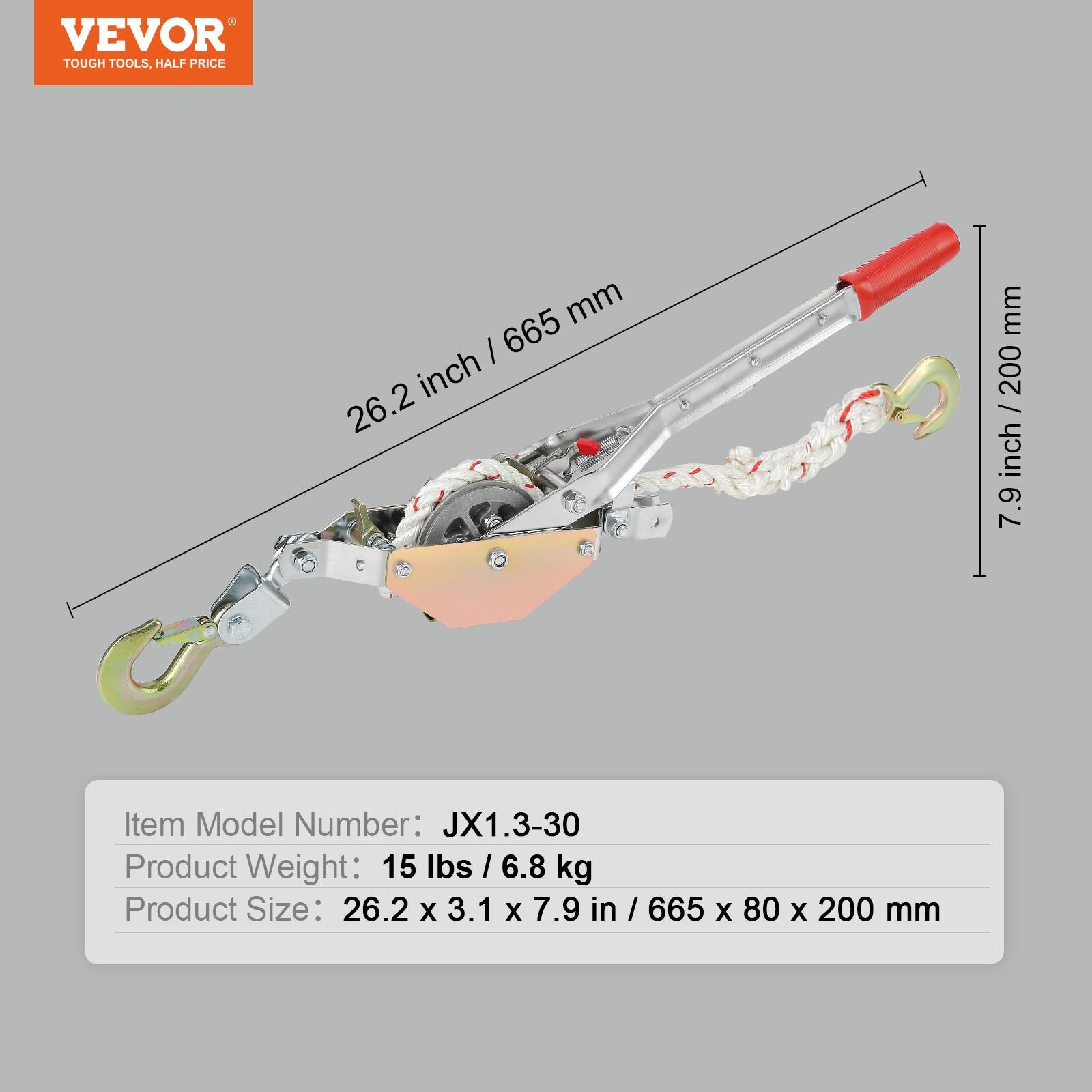 Rope Puller 3/4 Ton with 30.48m 15mm Rope 2-Hook Come Along Winch