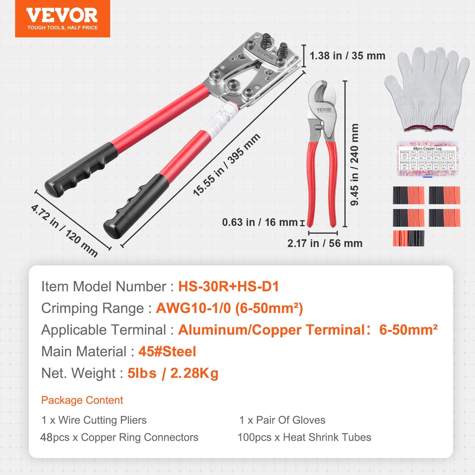 Battery Cable Lug Crimping Tool 10-1/0AWG with Cutter Terminals Heat Shrink