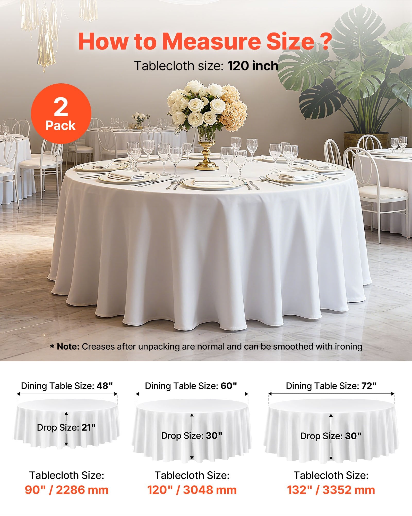 White Round Tablecloths 2-Pack 120in Stain Wrinkle Resistant Polyester Events