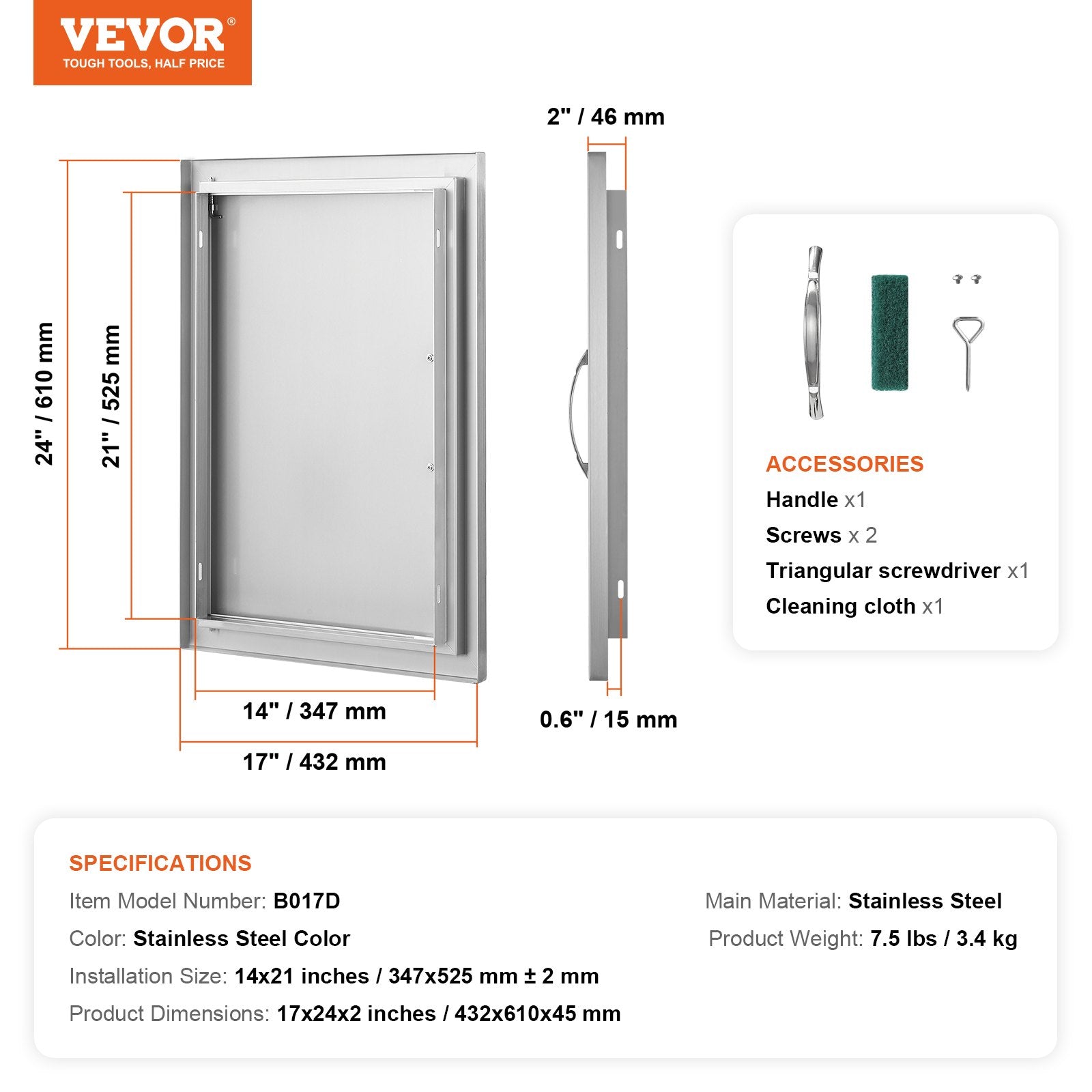 BBQ Access Door 432x610mm Single Outdoor Kitchen Stainless Steel Wall Handle