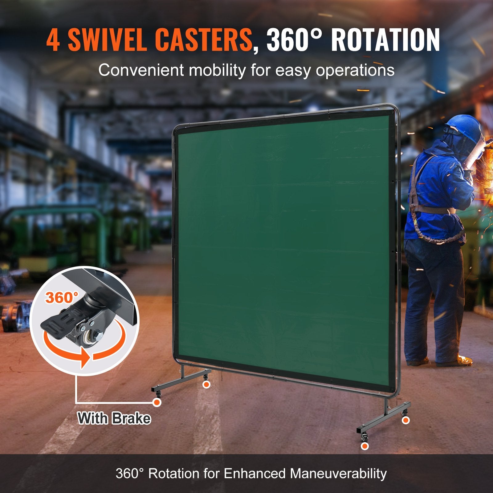 Welding Screen with Frame 6'x6' Flame-Resistant Vinyl on 4 Swivel Wheels Green